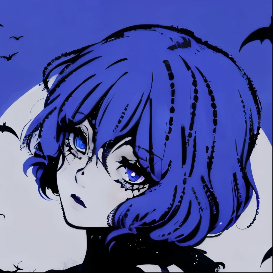 Gothic girl, moon, Blue background, bats, spiders, gothic make-up, full hd image