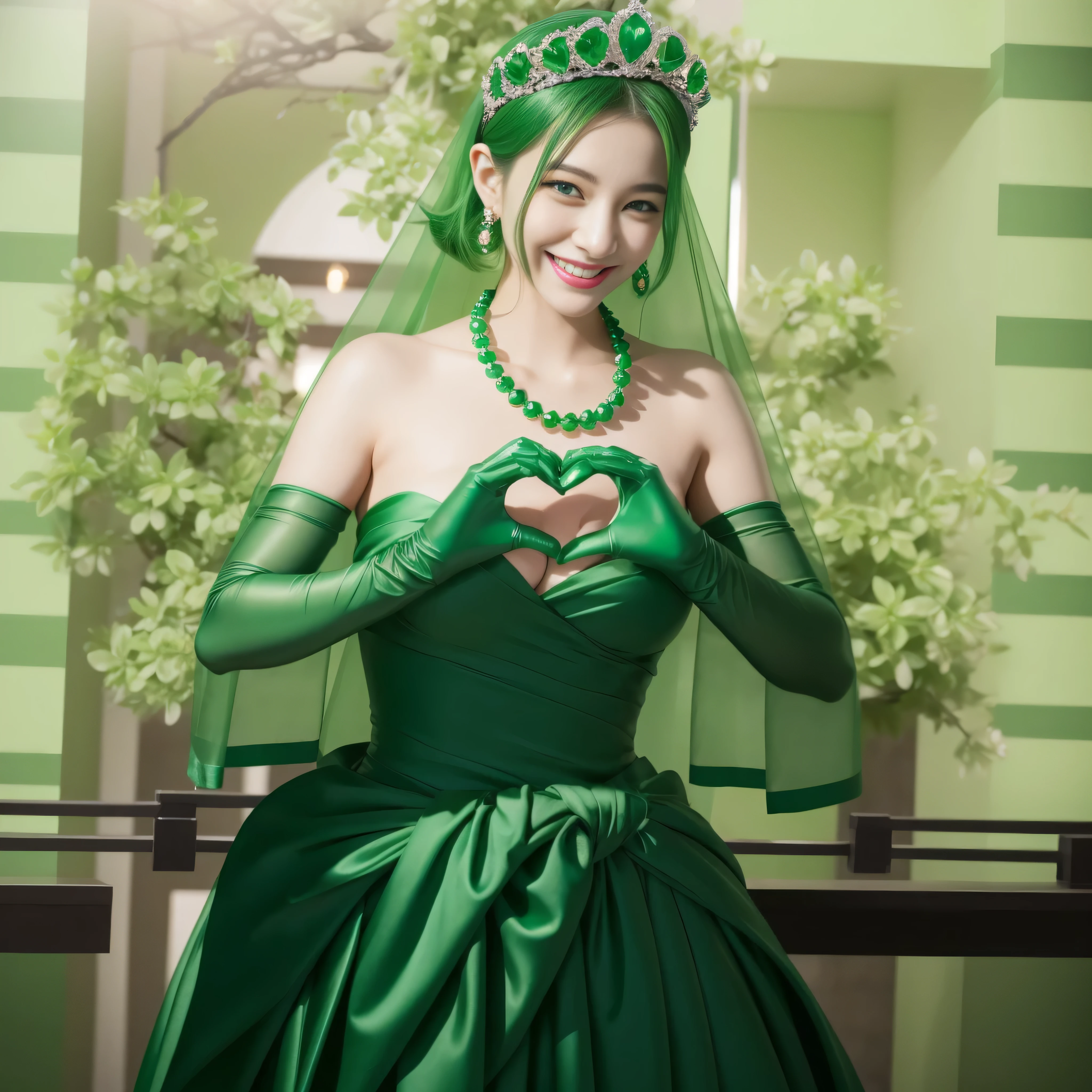 emerald tiara, green pearl necklace, ボーイッシュな非常に短いgreen hair, lipstick, smiling Japanese woman, very short hair, Beauty with large breasts, green eyes, Long Green Satin Gloves, green eyes, emerald earrings, green veil, heart with both hands, green hair, beautiful japanese woman, heart shaped hand:1.3, green lip gloss