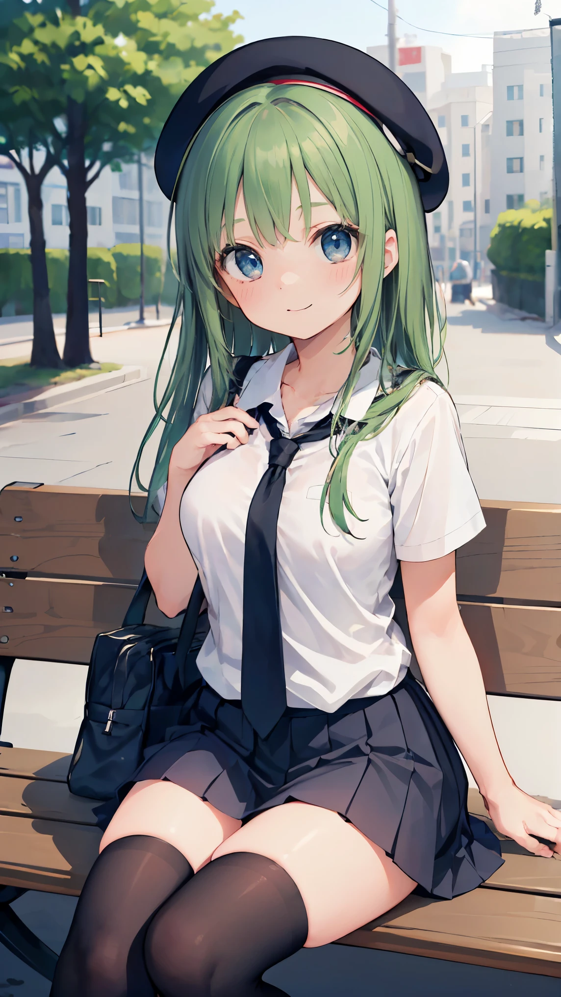 (masterpiece, highest quality), High resolution, detailed face:1.2, anime(1.2), sharpness, 4K, woman posing for a photo, Flustered face, upset, open your mouth, long hair, green hair, straight hair, fine skin, beautiful hands, Beautiful fingers, Wearing a beret, tie, Blouses with short sleeves, pleated skirt, school bag, thighs, Absolute area, knee socks, thighsに手を入れる, during the day, hot summer day, School, schoolyard, sitting on the bench, Canned juiceを持つ, natural lighting, sharp focus, hasselblad photography, cinematic lighting, whole body, Canned juice,