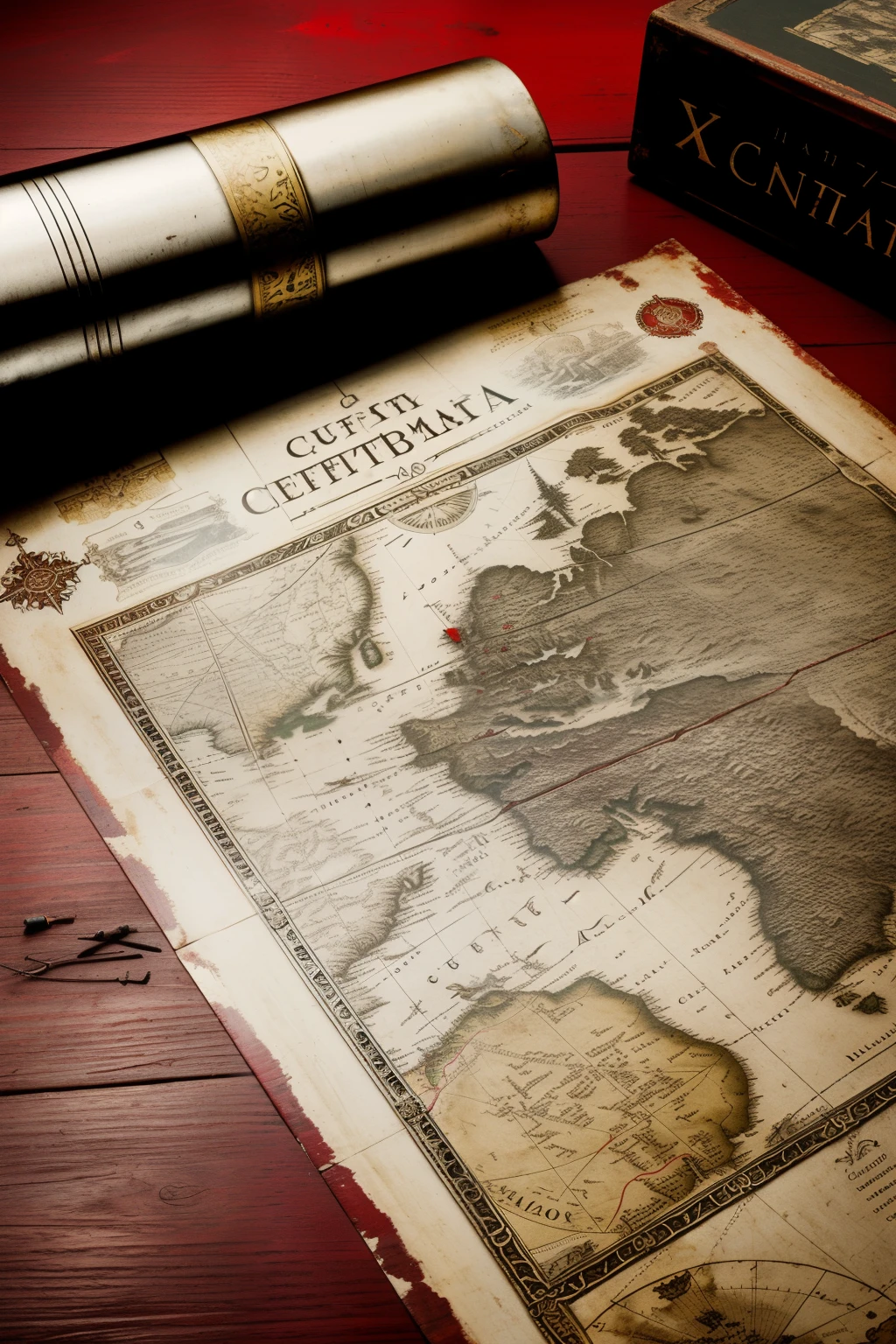 High-quality, close-up image of a 17th century captain's stable. In the table's center, an ancient parchment with a map of Treasure Island lies, worn and faded. A sextant sits nearby, its metal components tarnished with age. In the corner of the table, a huge silver ink bottle, tarnished and timeworn, holds a white goose-feather pen for inking. The map's crossmark, a red faded x, signifies the treasure's location. This meticulously rendered 8k image boasts a high contrast, documentary-style presentation, with a 17th century stylization. The depth of field