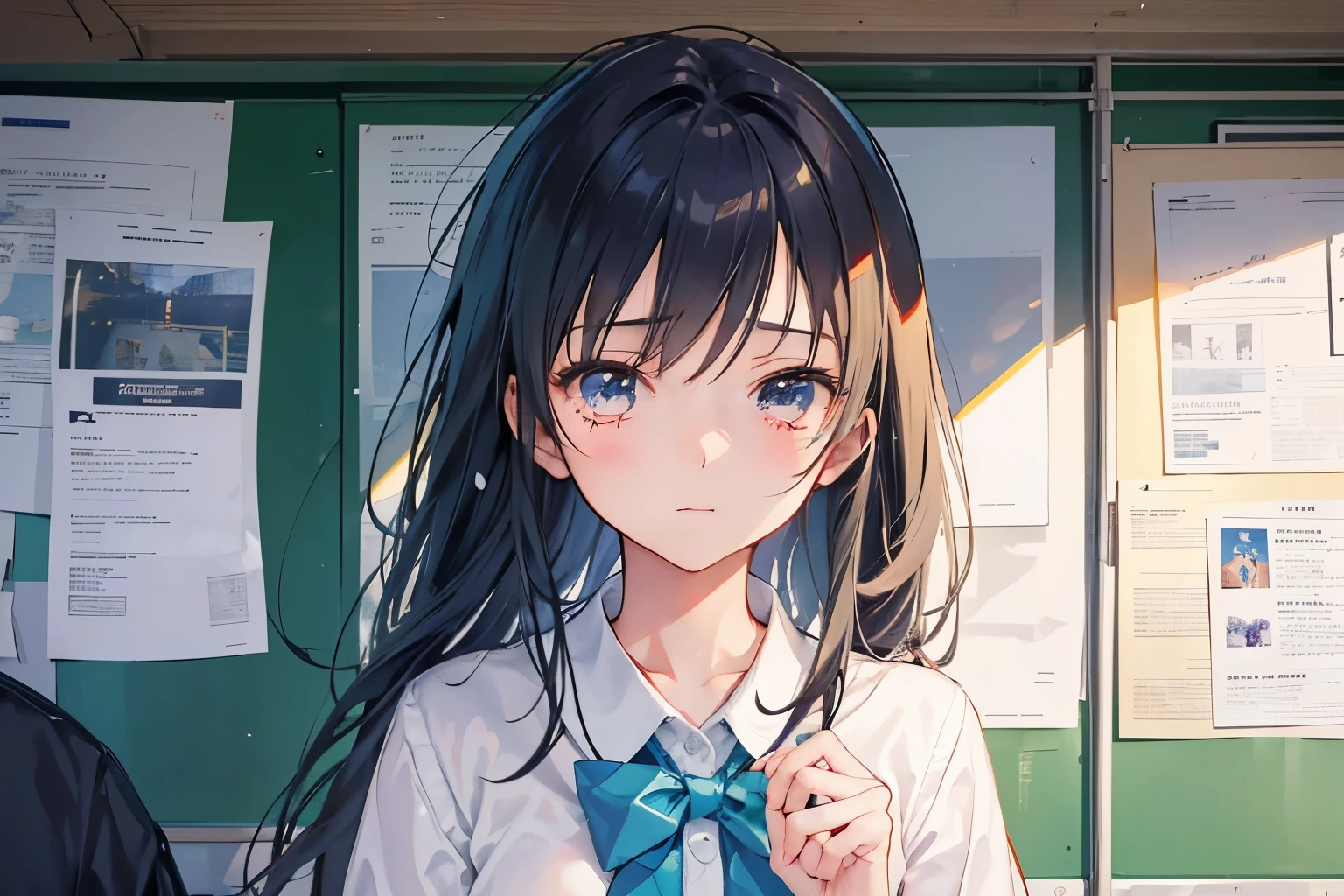 Create exquisite illustrations reminiscent of Makoto Shinkai's style, It has ultra-fine details and top-notch quality. Create a high-quality illustration depicting the moment of high school exam results being posted, with a focus on a beautiful girl shedding tears of joy upon discovering her acceptance, surrounded by the atmosphere of nostalgia. Ensure meticulous attention to detail. Picture the scene with the girl's emotional reaction to seeing her candidate number listed among the successful applicants, her face lit up with happiness and relief. Capture the nostalgic ambiance of the occasion, incorporating elements that evoke memories of past experiences and emotions. Pay close attention to the fine details, such as the expressions of other students, the texture of the bulletin board, and the surrounding environment. Aim for a composition that conveys the sense of accomplishment, joy, and nostalgia associated with this significant moment in the girl's life.  best quality, masterpiece