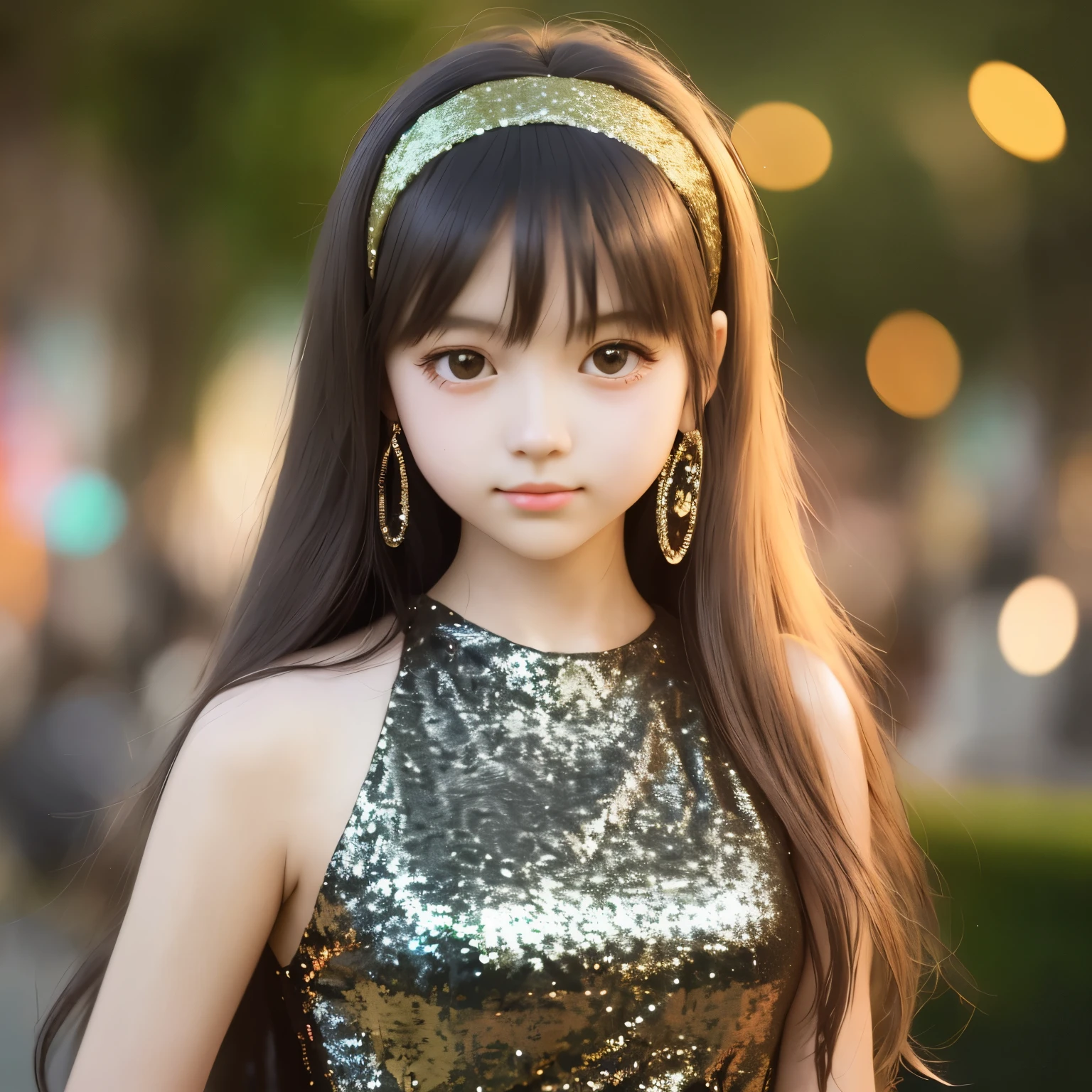 A cute girl wearing a sequined mini dress., She has semi-long hair and wears a hairband., depth of field, masterpiece, ccurate, anatomically correct, super detail, high quality, highres