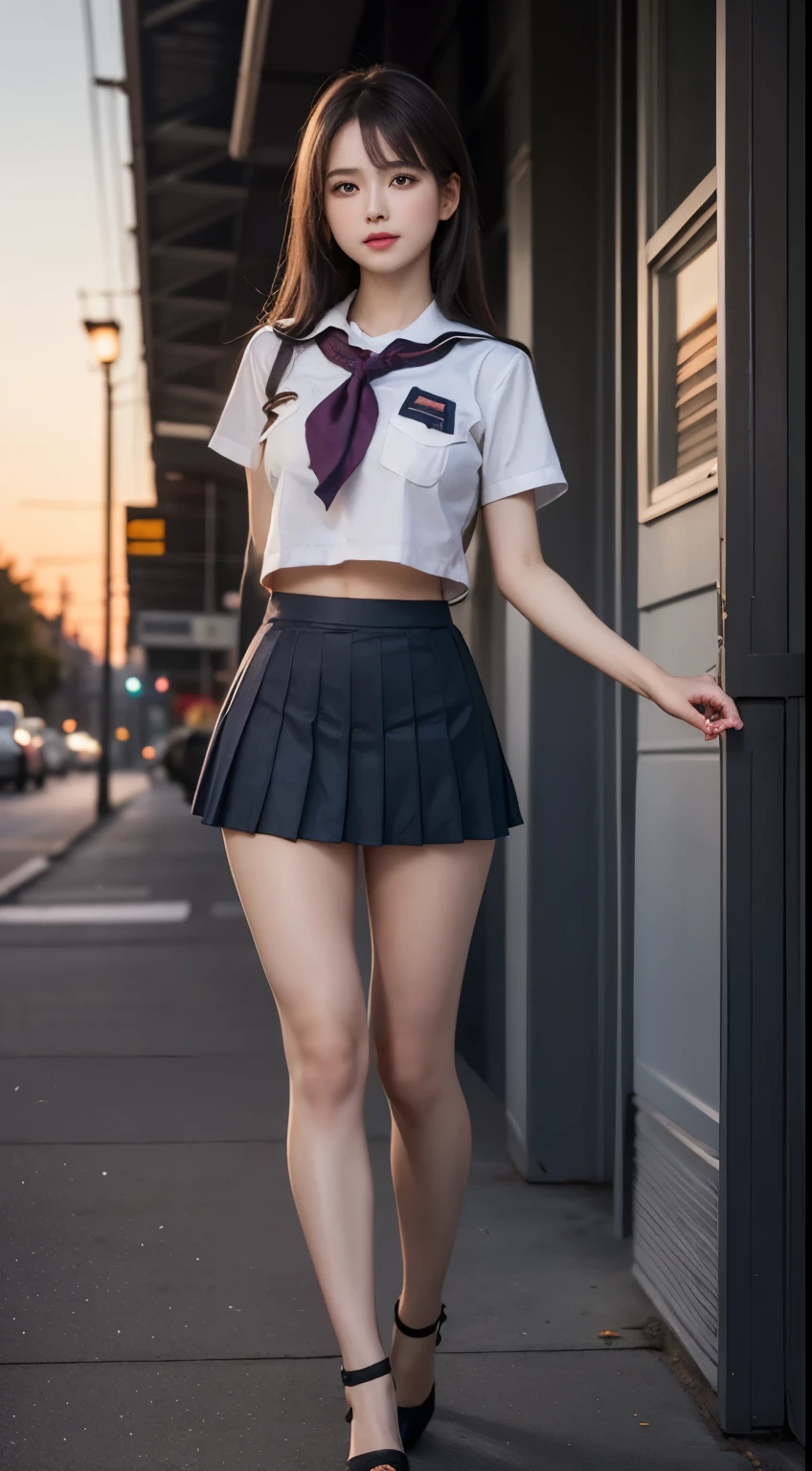 (highest quality:1.4), (hyper quality), (Super detailedな), 1 beautiful girl, Super cute, wonderful face and eyes, (school uniform, pleated mini skirt:1.5), (Beautiful and large breasts:1.1), (slender body:1.1), (thin legs), real skin texture, bangs, bright and shiny lips, Beautiful Goddess Advent, beautiful background, golden ratio, conceptual art, Super detailed, Accurate, advanced details, outdoor, sexy art, surrounded by a beautiful sunset, bright light, Super delicate illustration details, Highly detailed CG integrated 8K wallpaper, RAW photo, professional photos, cinematic lighting, Depth of bounds written, No bra, (Her nipples are pushing up her uniform.), cropped tops, High heels on bare feet