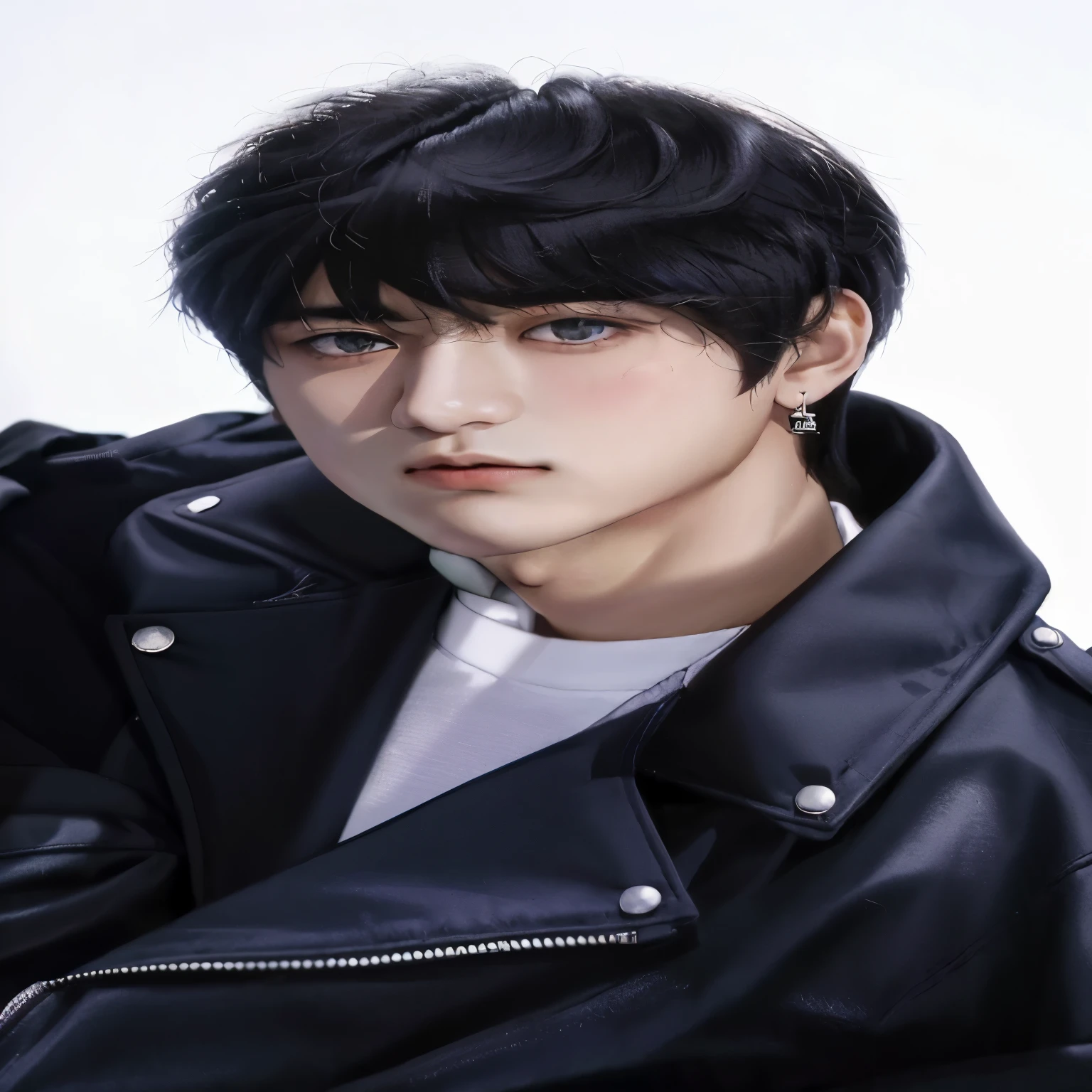 un primer plano de una persona que llevaba una chaqueta de cuero y una camisa blanca, Taehyung, hyung tae, Taehyung de pelo negro, Kim Taehyung, TaeJune Kim, inspirado Taehyung, retrato Taehyung de bts, foto de perfil en la cabeza, hyung tae kim, rostro masculino, Prominent Jawline.