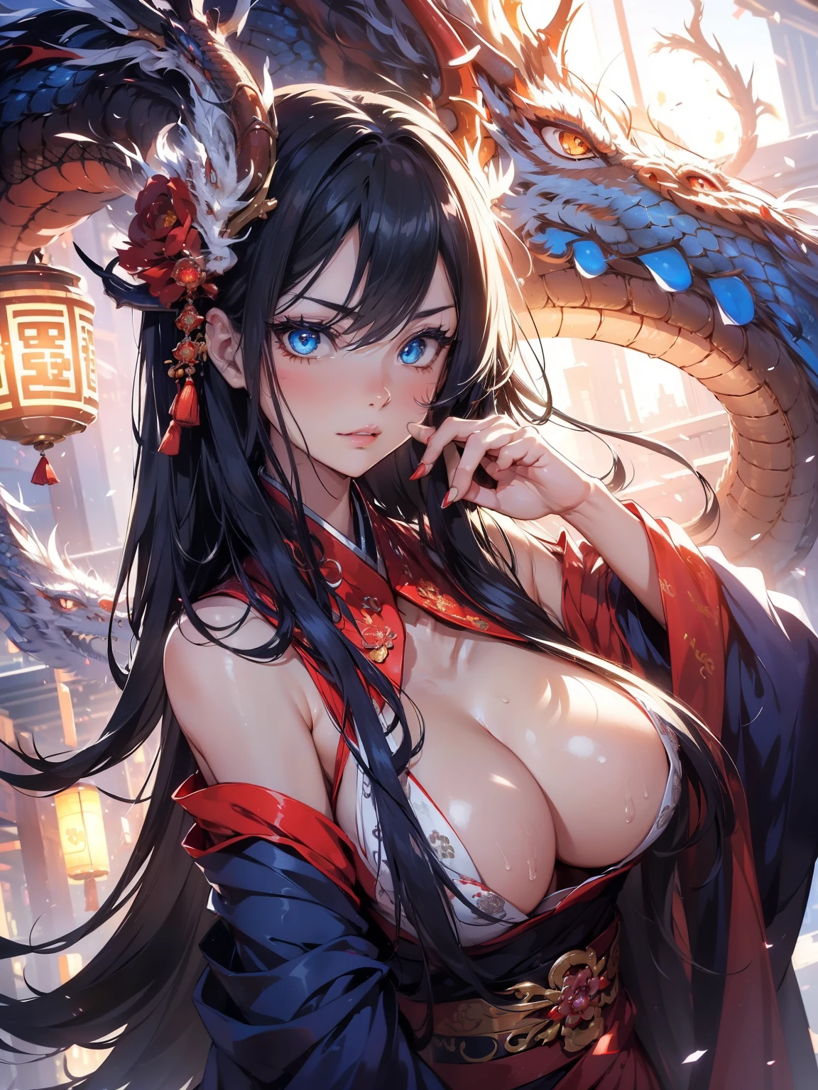 (best quality, 4k, 8k, highres, masterpiece:1.2), ultra-detailed, detailed face, detailed lips and eyes, attractive appearance, expressive face, ((anime art style)), (pixiv:1.3), BREAK Lotan beautiful caucasian woman with straight long black hair,blue eyes,fair skin,voluptuous,detailed lips and eyes,expressive face,attractive appearance,dragon horns on the head, BREAK (indigo theme:1.4), (quipao), BREAK ((1girl)), (black horns), cleavage, dynamic angle, dynamic pose, looking at viewer, BREAK detailed, perfect fingers, perfect hands, detailed perfect face, intense blushing, tall female, smirk, beautiful detailed glowing deep blue eyes, arrogant caring slightly shy and slutty expression, (solo:1.2), horny, Qinglong, (oriental dragon:1.5), outdoors