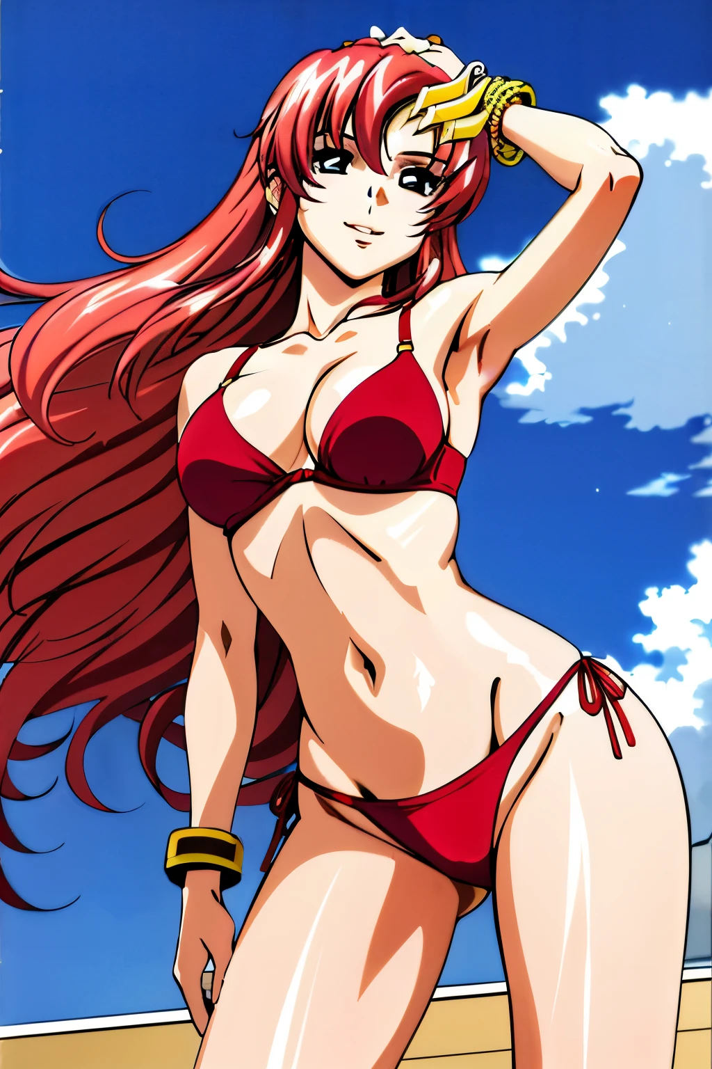 lacus4, (strapless red bikini, red boots, arm band, groin), (masterpiece, laying on floor, hand stretching, very slim shoulders, 4K, Best Quality, Anime style: 1.9, happy, Adult Woman, (ultra detailed head), (cloud background), Drawing lines, high resolution, lacus4), 1girl, Solo, curvy figure, Long hair, 鎖骨, scapular, (Detailed wide hair bangs, Hair Ornament, Detailed reddish-pink hair, shiny streaks, slim arms, detailed golden crest), cleavage, large hands, (hair cover shoulders). (Big blue eyes, shiny eyes), ((female wrestler, (slim body), standing, slim arms)), ((perfect proportions, medium breasts, long belly)), ((totally red bra, neck band, bracelets))), smile, (standing, hot colors), detailed fingers, (bare shoulders)
