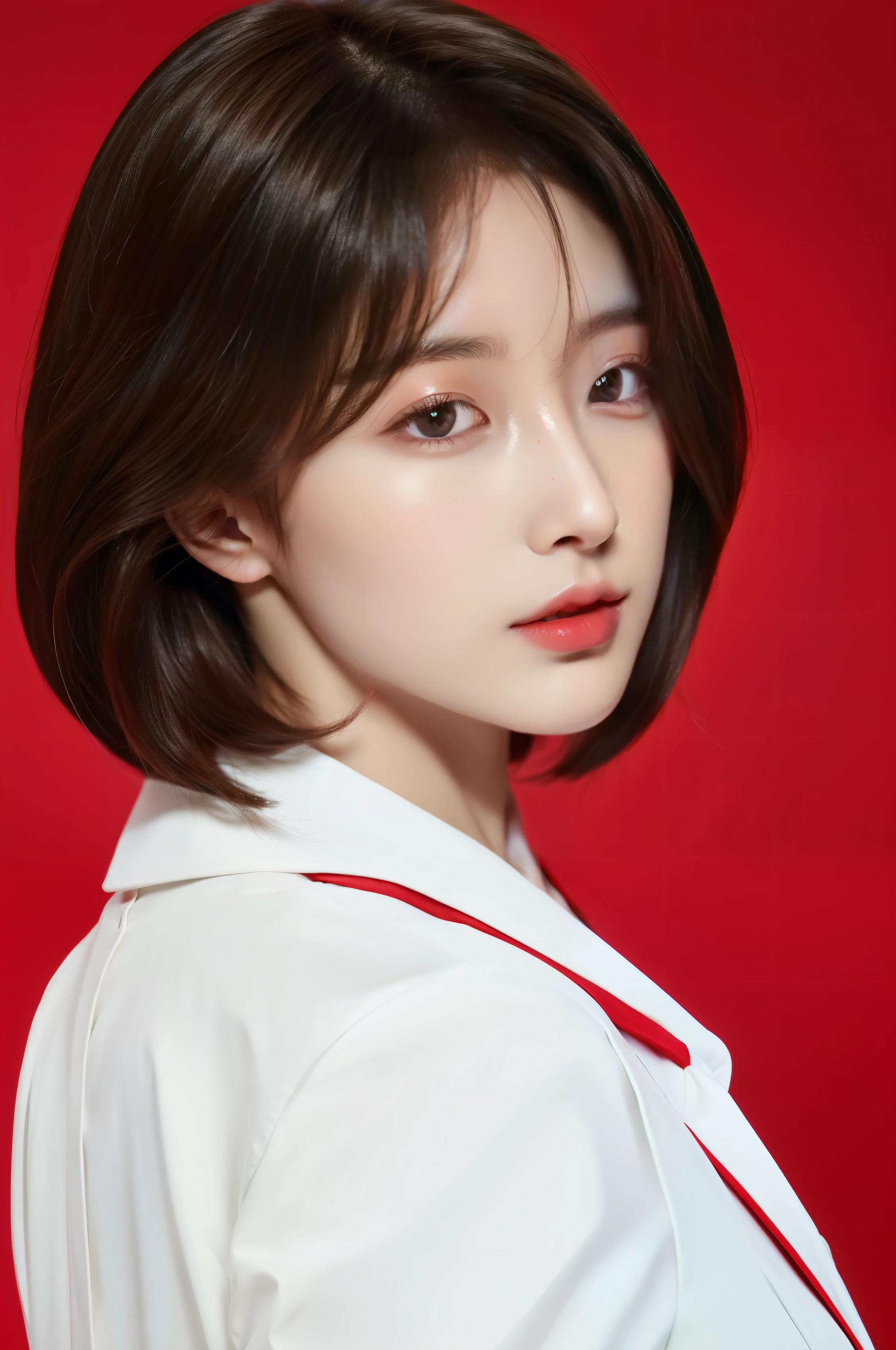 Best quality, High details, high resolution, HD, 16k,Close-up photo of shoulder length short brunette girl in suit uniform, ultraclear, Flawless and delicate face, Truly delicate skin, big breasts beautiful, Delicate and clear eyes, Look at the screen, Simple, (simple red background)