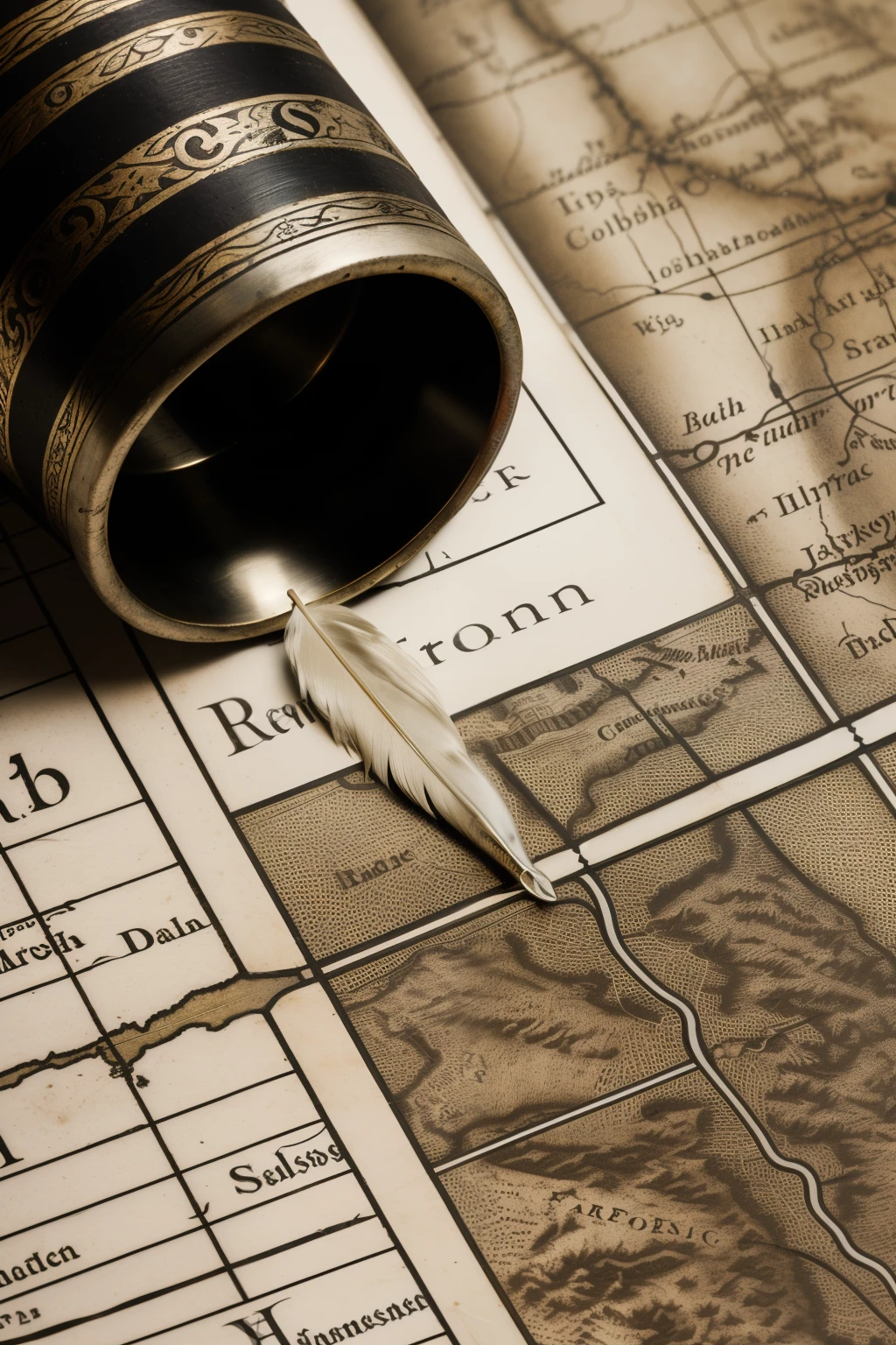 High-quality, close-up image of a 17th century captain's stable. In the table's center, an ancient parchment with a map of Treasure Island lies, worn and faded. A sextant sits nearby, its metal components tarnished with age. In the corner of the table, a huge silver ink bottle, tarnished and timeworn, holds a white goose-feather pen for inking. The map's crossmark, a red faded x, signifies the treasure's location. This meticulously rendered 8k image boasts a high contrast, documentary-style presentation, with a 17th century stylization. The depth of field