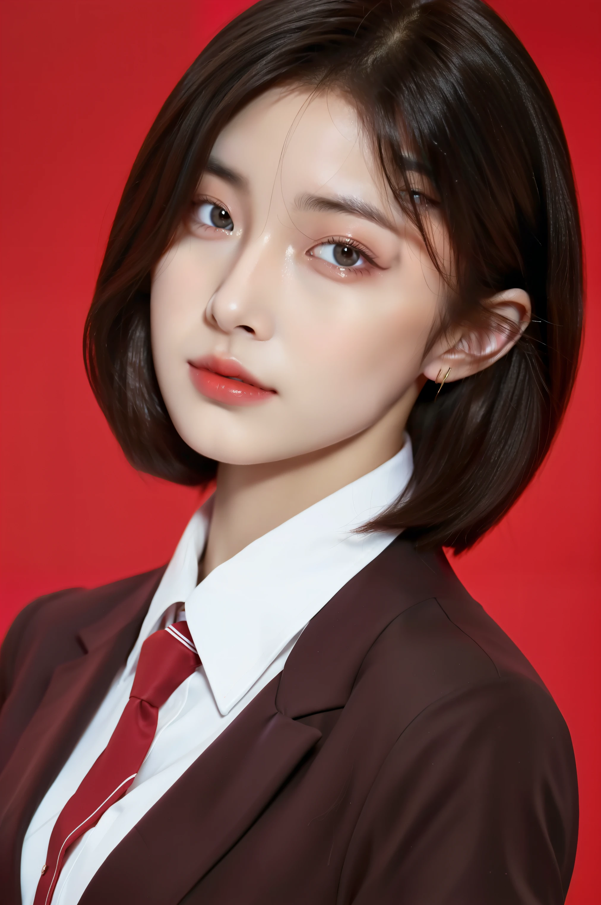 Best quality, High details, high resolution, HD, 16k,Close-up photo of shoulder length short brunette girl in suit uniform, ultraclear, Flawless and delicate face, Truly delicate skin, big breasts beautiful, Delicate and clear eyes, Look at the screen, Simple, (simple red background)