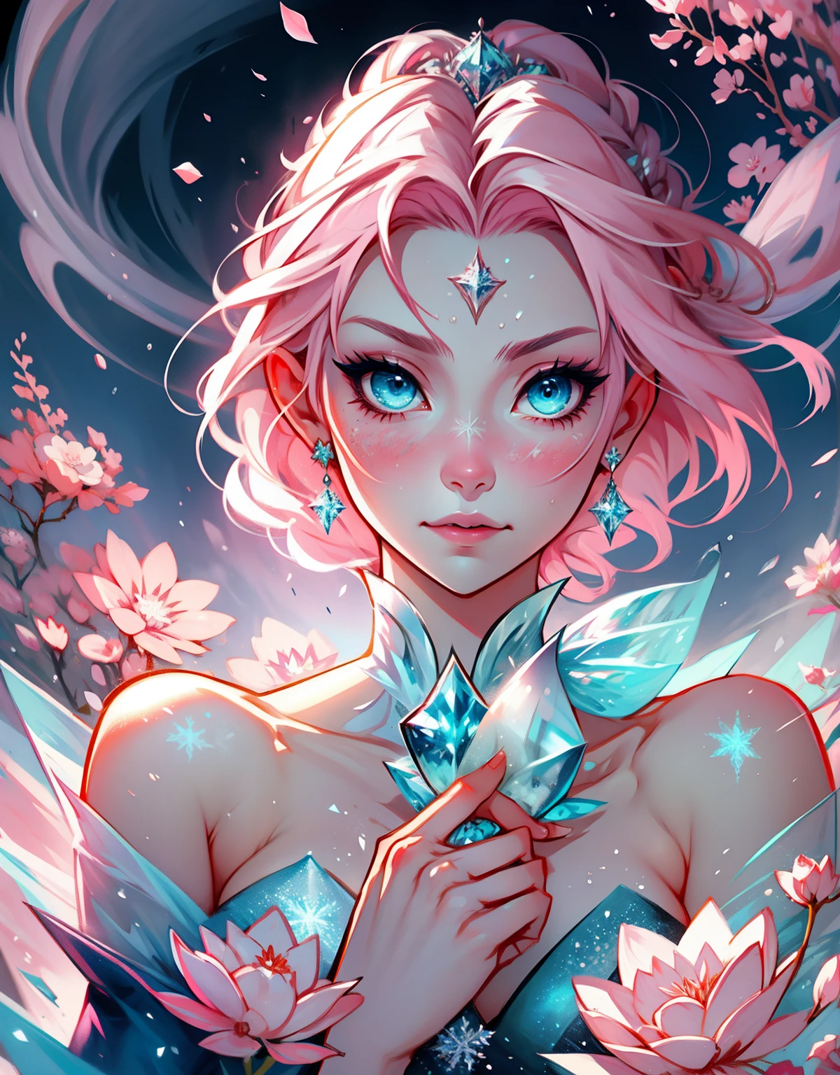 1 mulher, fantasiada de Elsa, strong emotions, sakura,pink hair, cabelo curto, luz, foco, frozen, como elza de frozen , corpo inteiro, solo, magia ao seu redor. illustration! from head to toe, vestido azul,neve,