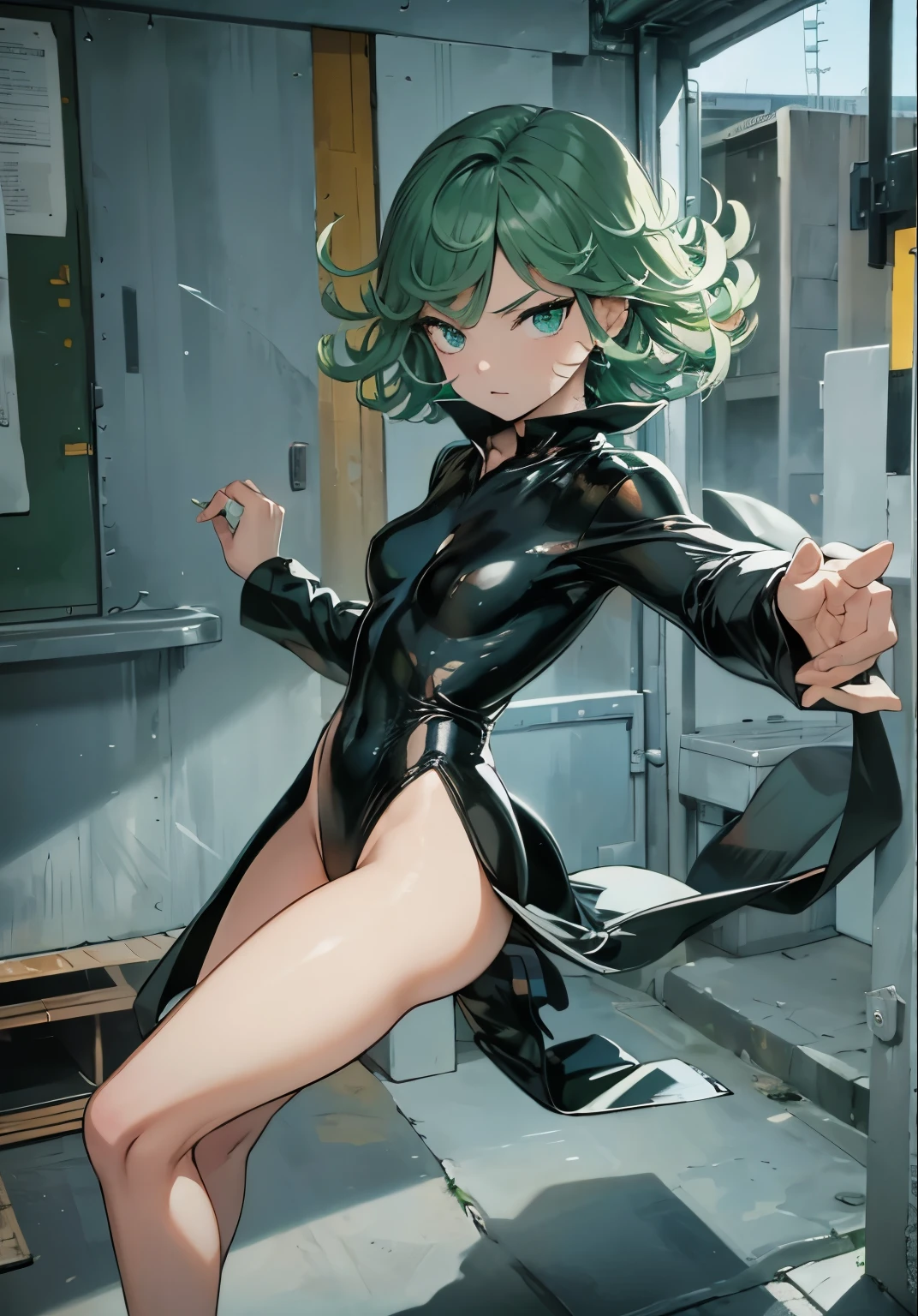 (masterpiece), (high quality: 1.2), real life, real action, 1girl, solo, standing, spread both hands, tatsumaki one punch, green hair, short hair, churly hair, green hair, cute face, girl face, beauty face, full body, perfect body, perfect anatomy, no panty, naked, nude, seen pussy with hairy, black shoes, all in realistic, all in ultra detail, 8k, ultra HD quality, 70mm lens