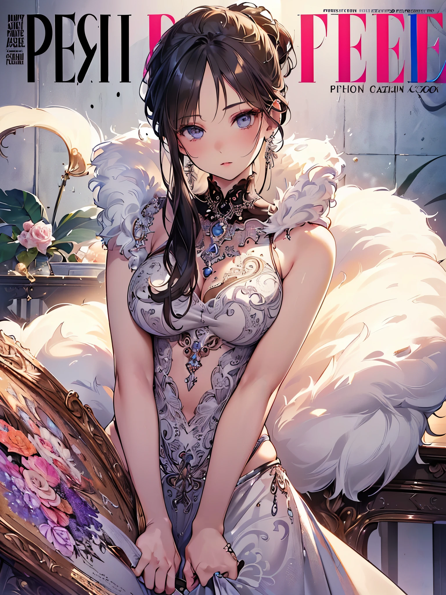 ((highest quality)),(ultra high resolution),(Super detailed),(detailed description),((best CG)),(best work of art),super precision art,great drawing art,(Art with precise details:1.5),(Fashion magazine cover:1.6), (1 Female Fashion Model:1.6),(beautiful and well-shaped face:1.5),