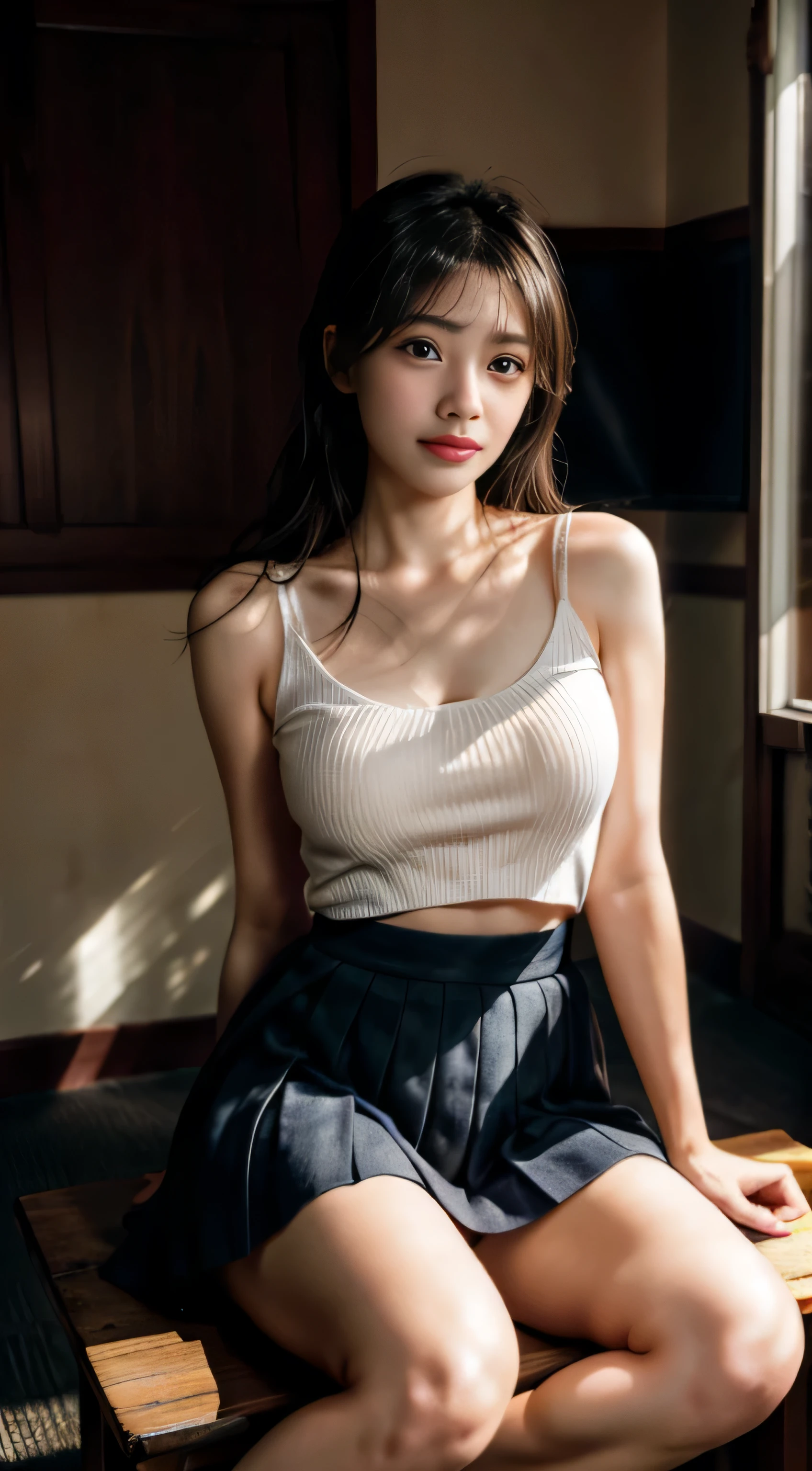 1 Girl crosses her legs,Soft light，((Best picture quality, 8K, tmasterpiece:1.3)), 1girll, Beautiful woman with slender abs:1.3, (Casual hairstyle, No leakage of big breasts:1.2), shift dresses:1.1, Ultra-fine face, A detailed eye, 二重まぶた，ssmile，，tmasterpiece，Best quality at best，photograph realistic，the face，1girll，heads，Thick lips，，sitted，moisty，shiny skins，mix4，Cute beauty，long leges，blacksilk，beautifullegs，beautifullegs，Raised sexy，JK，Pleated skirt，