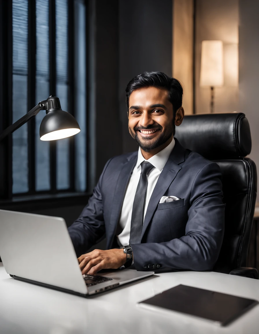 smiling indian, arb man in suit and tie holding a laptop computer, high quality portrait, professional picture, professional profile picture,high picture quality, ad image, ceo, a portrait of the character, wide angle,cinematic ambient lighting, on office chair, aesthetic lighting, ambient office lighting, wide angle view photo