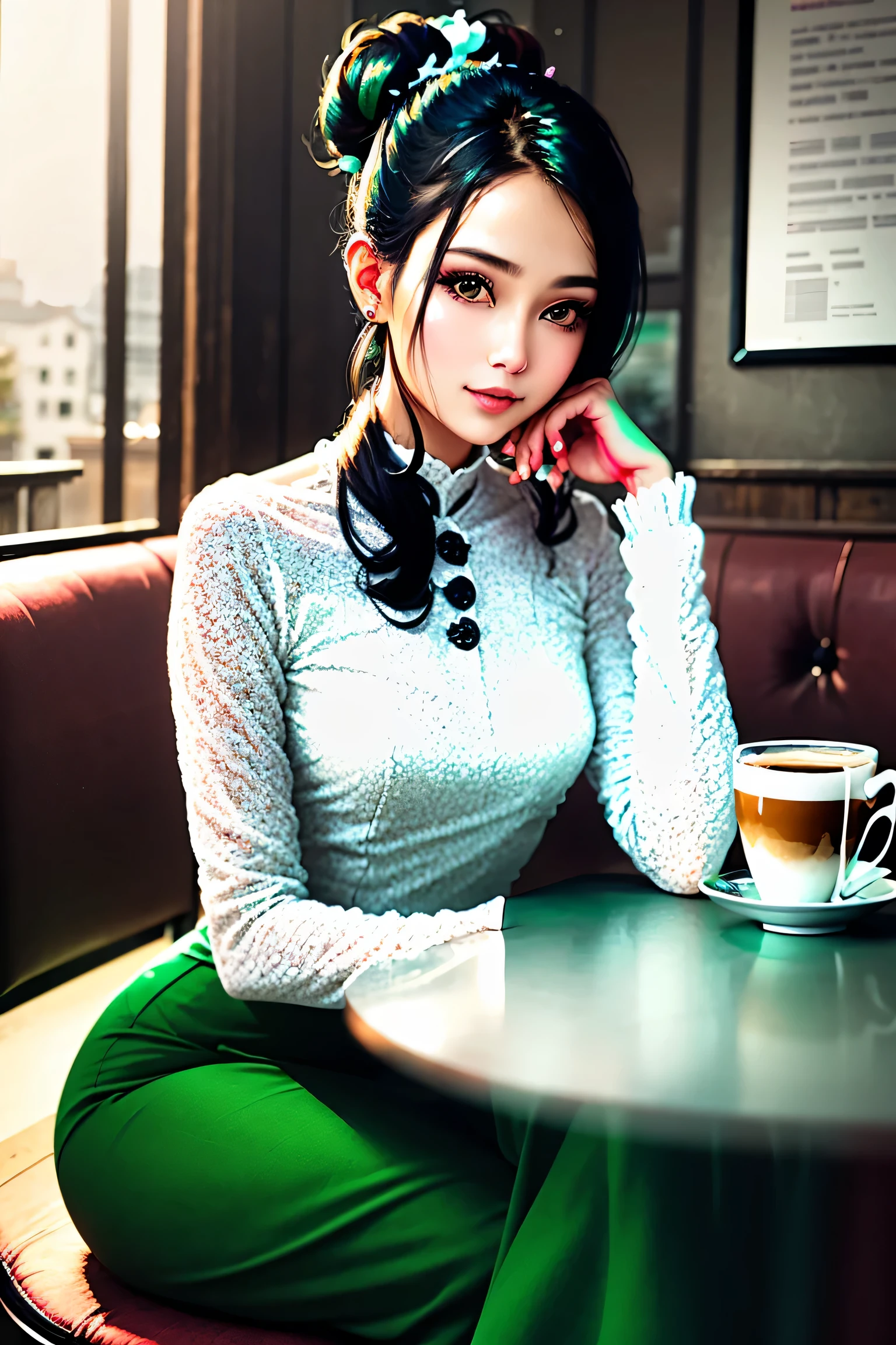 Portrait of a stunning young woman with a stylish hair bun, captivating gaze, and a warm atmosphere of a cozy coffee shop, realistic shading, fine details, exquisite lighting, digital painting, (wearing acmmsayarma outfit, acmmsayarma white top with buttons, long sleeves), ((acmmsayarma green long skirt))