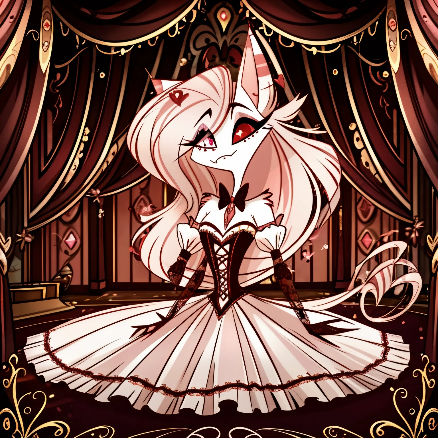 In the Hazbin Hotel universe, a feminine draconequus demon inspired by Fluttershy captivates with her enchanting presence. Combining feline and equine features, she wears a romantic era gown adorned with delicate lace and flowing sleeves. Against the opulent backdrop of ballrooms and gardens, her graceful movements cast a spell of timeless elegance in the vibrant world of Hazbin Hotel.