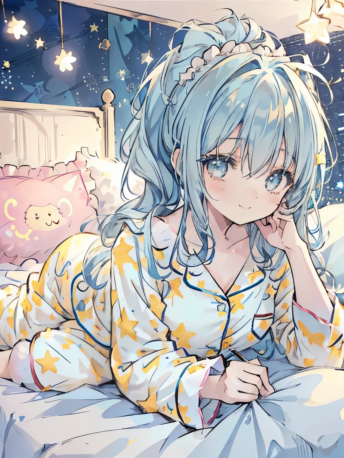 girl,((Light blue and yellow fluffy hair)),((Her hair is tied half up around her temporal lobe.)),((Cute Pajamas:1.3)),(The fluffy atmosphere on the bed:1.5),((star background:1.4)),(cute smile:1.3),((Animals around:1.2)),((close up of face:1.2))