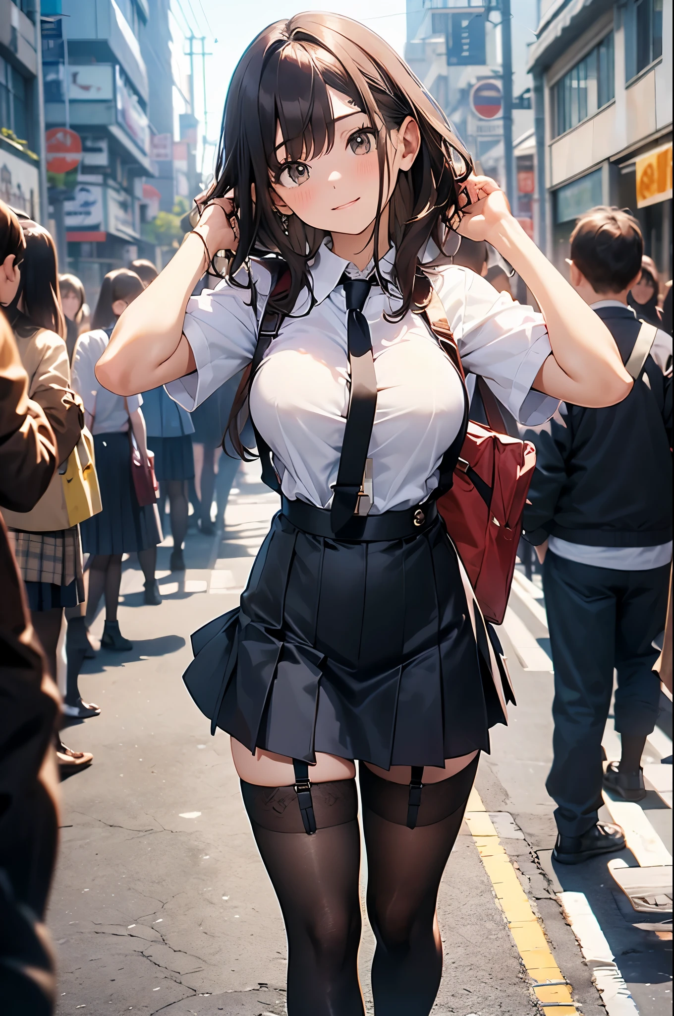 brown hair、looking at the viewer suspenders Bulging big breasts Black miniskirt garter belt knee high socks Gaze small face bangs Beauty hands up Gaze black boots provocation armpit sweat one person put your hands behind your back cutter shirt Panty shot ginka