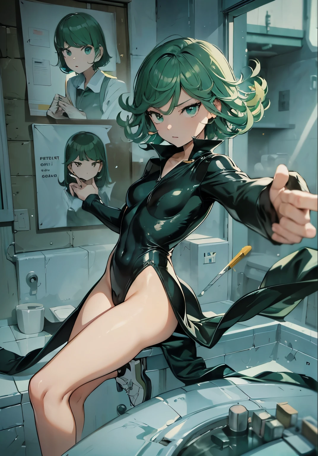 (masterpiece), (high quality: 1.2), real life, real action, 1girl, solo, standing, spread both hands, tatsumaki one punch, green hair, short hair, churly hair, green hair, cute face, girl face, beauty face, full body, perfect body, perfect anatomy, no panty, naked, nude, seen pussy with hairy, black shoes, all in realistic, all in ultra detail, 8k, ultra HD quality, 70mm lens