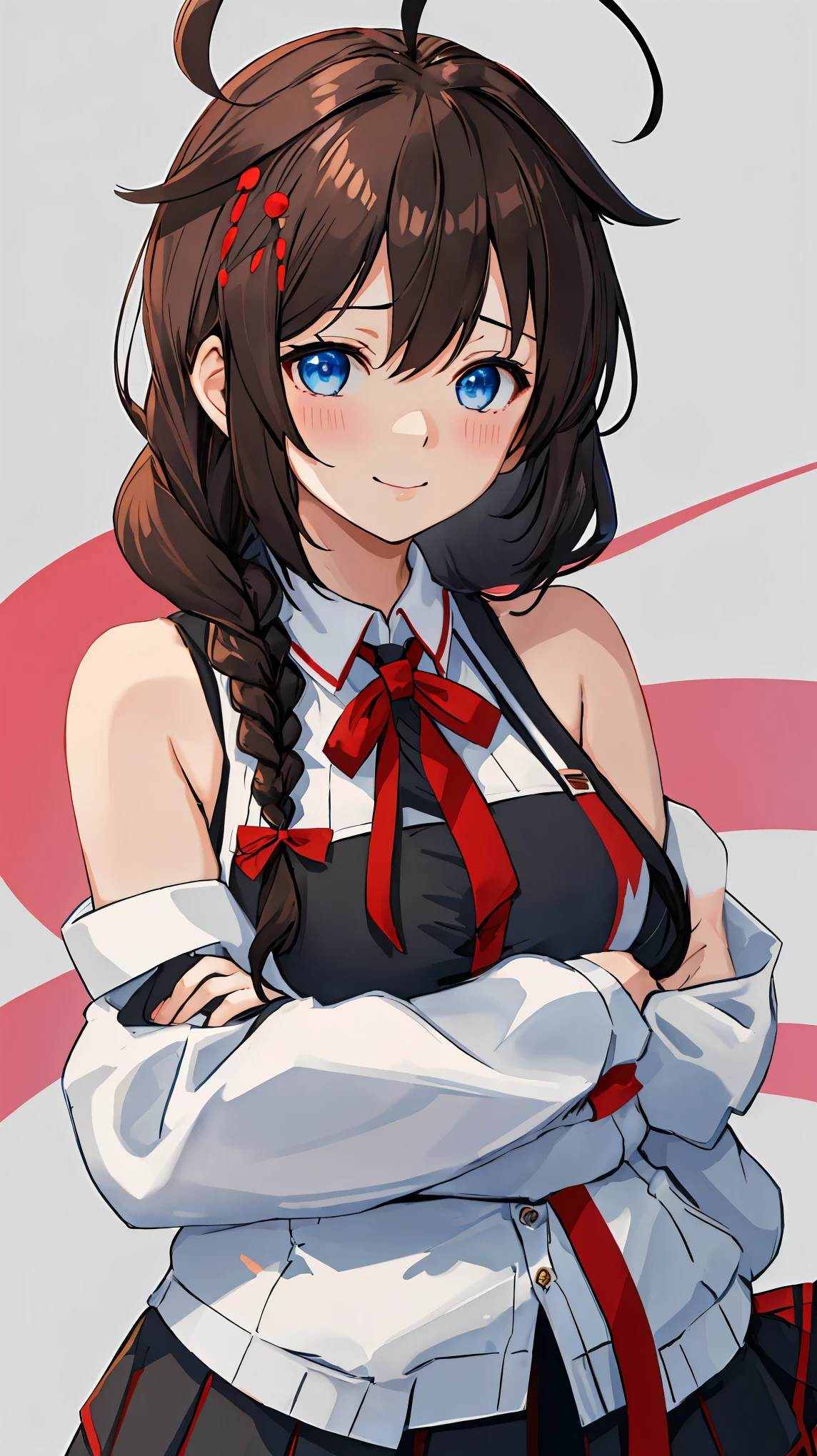 best quality, masterpiece, highres, solo, {shigure_kantaicollection:1.15}, long_hair, blue_eyes, ahoge, hair_flaps, braid, single_braid, hair_ornament, brown_hair, blush, black_hair, smile, hair_between_eyes, breasts, 1girl, hair_over_shoulder, looking_at_viewer, official_alternate_costume, red_ribbon, ribbon, shirt, simple_background, sleeveless, sleeveless_shirt, bare_shoulders, black_shirt, off-shoulder_shirt, off_shoulder, turtleneck, upper_body, bangs, hair_ribbon, long_sleeves, neck_ribbon, closed_mouth, grey_background