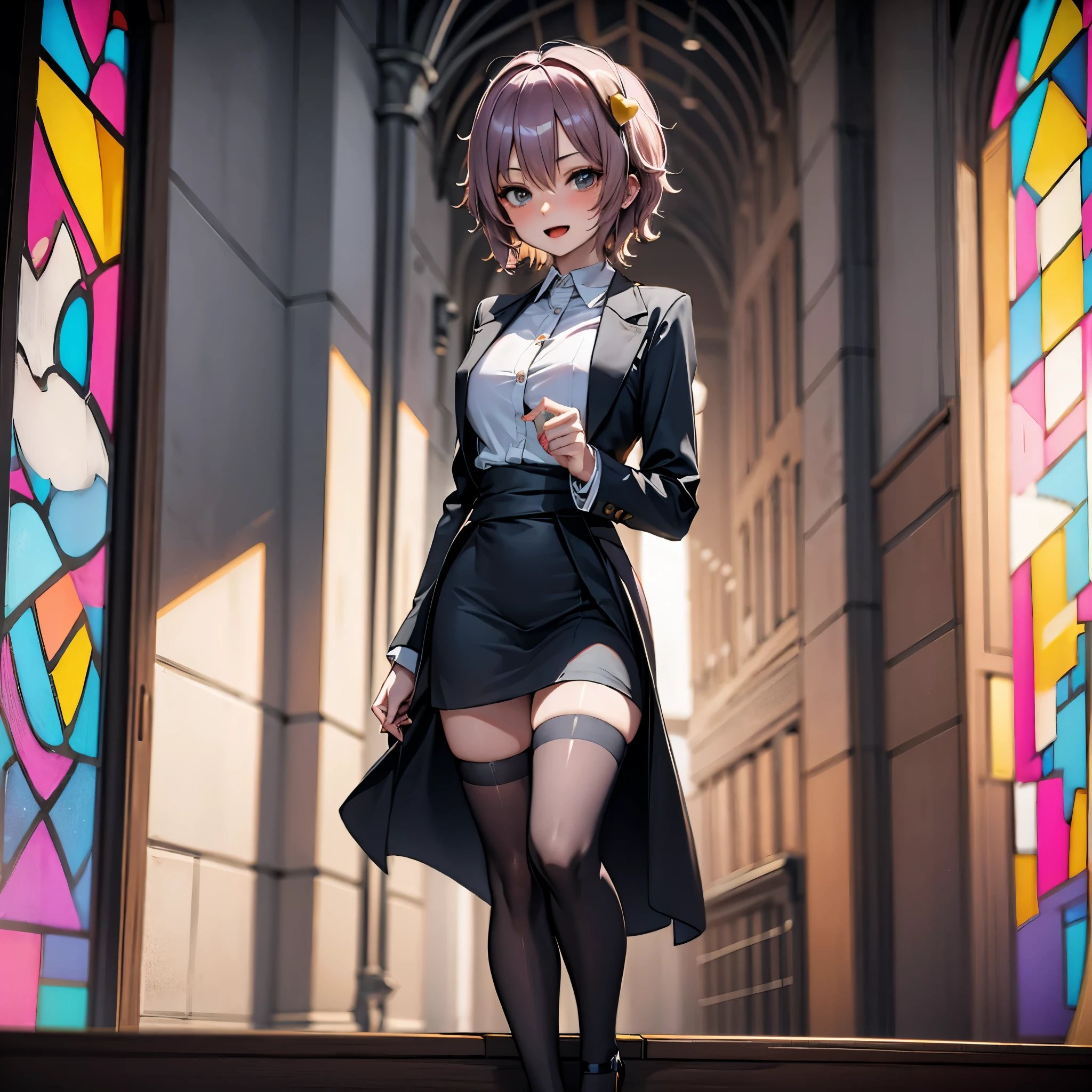 (Satori toho character:1.1), (solo), (standing), (stained glass), BREAK, short hair, large perky breasts, (inconceivably short torso), (inconceivably thin waist:1.2), (very long legs), BREAK, (black blazer:1.3), (black thighhighs:1.35), (very short black high-waist skirt:1.35) cinches waist too tight, (highheels), BREAK, nose blush, sad smile, open mouth, BREAK, masterpiece, ultra-detailed, ultra high resolution, full body