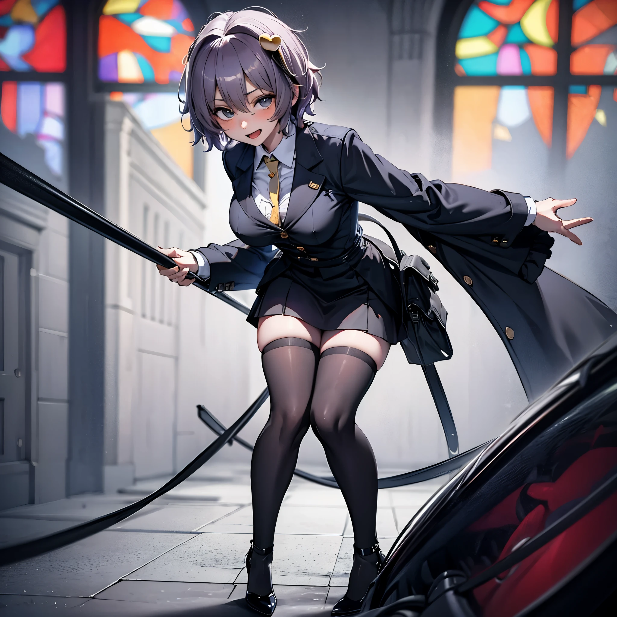 (Satori toho character:1.1), (solo), (standing), (stained glass), BREAK, short hair, large perky breasts, (inconceivably short torso), (inconceivably thin waist:1.2), (very long legs), BREAK, (black blazer:1.3), (black thighhighs:1.35), (very short black high-waist skirt:1.35) cinches waist too tight, (highheels), BREAK, nose blush, sad smile, open mouth, BREAK, masterpiece, ultra-detailed, ultra high resolution, full body