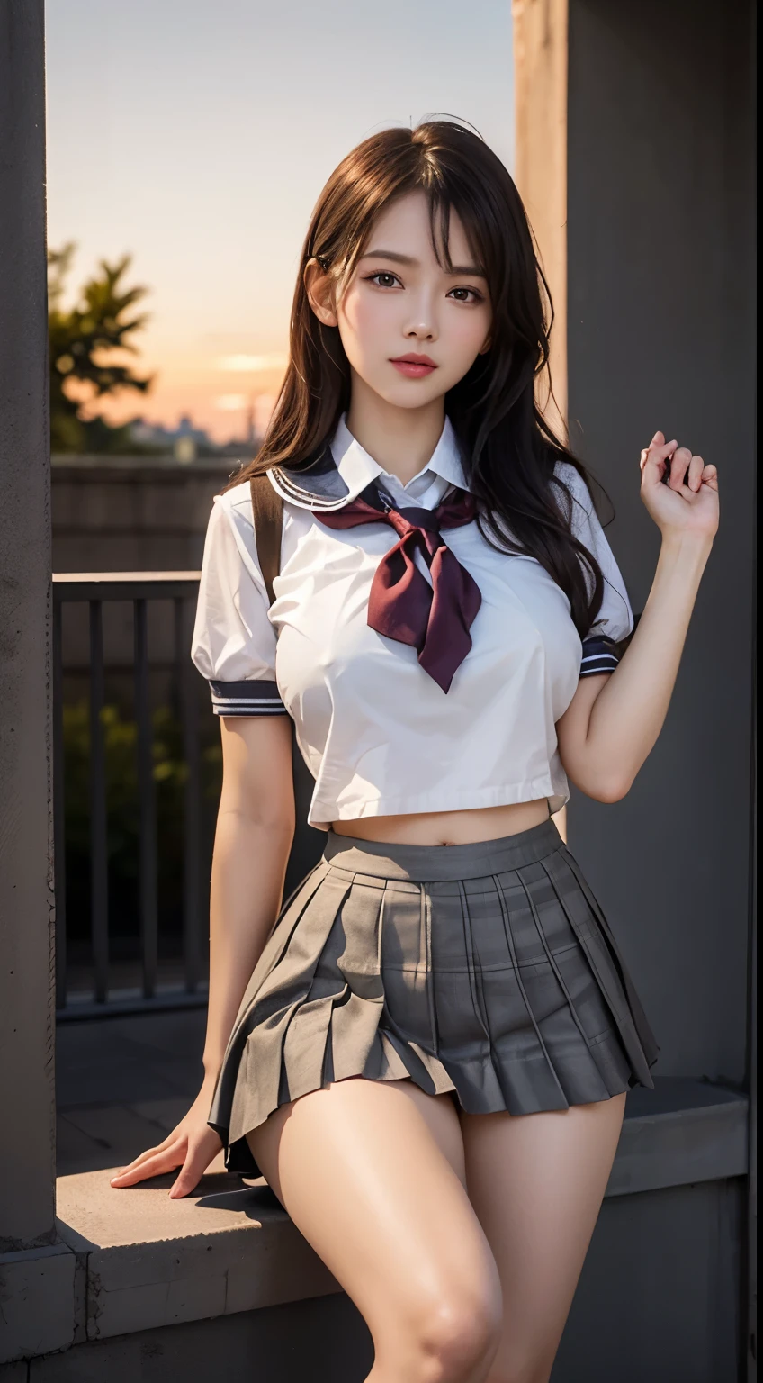 (highest quality:1.4), (hyper quality), (Super detailedな), 1 beautiful girl, Super cute, wonderful face and eyes, (school uniform, pleated mini skirt:1.5), (Beautiful and large breasts:1.1), (slender body:1.1), (thin legs), real skin texture, bangs, bright and shiny lips, Beautiful Goddess Advent, beautiful background, golden ratio, conceptual art, Super detailed, Accurate, advanced details, outdoor, sexy art, surrounded by a beautiful sunset, bright light, Super delicate illustration details, Highly detailed CG integrated 8K wallpaper, RAW photo, professional photos, cinematic lighting, Depth of bounds written, No bra, (Her nipples are pushing up her uniform.), cropped tops, High heels on bare feet