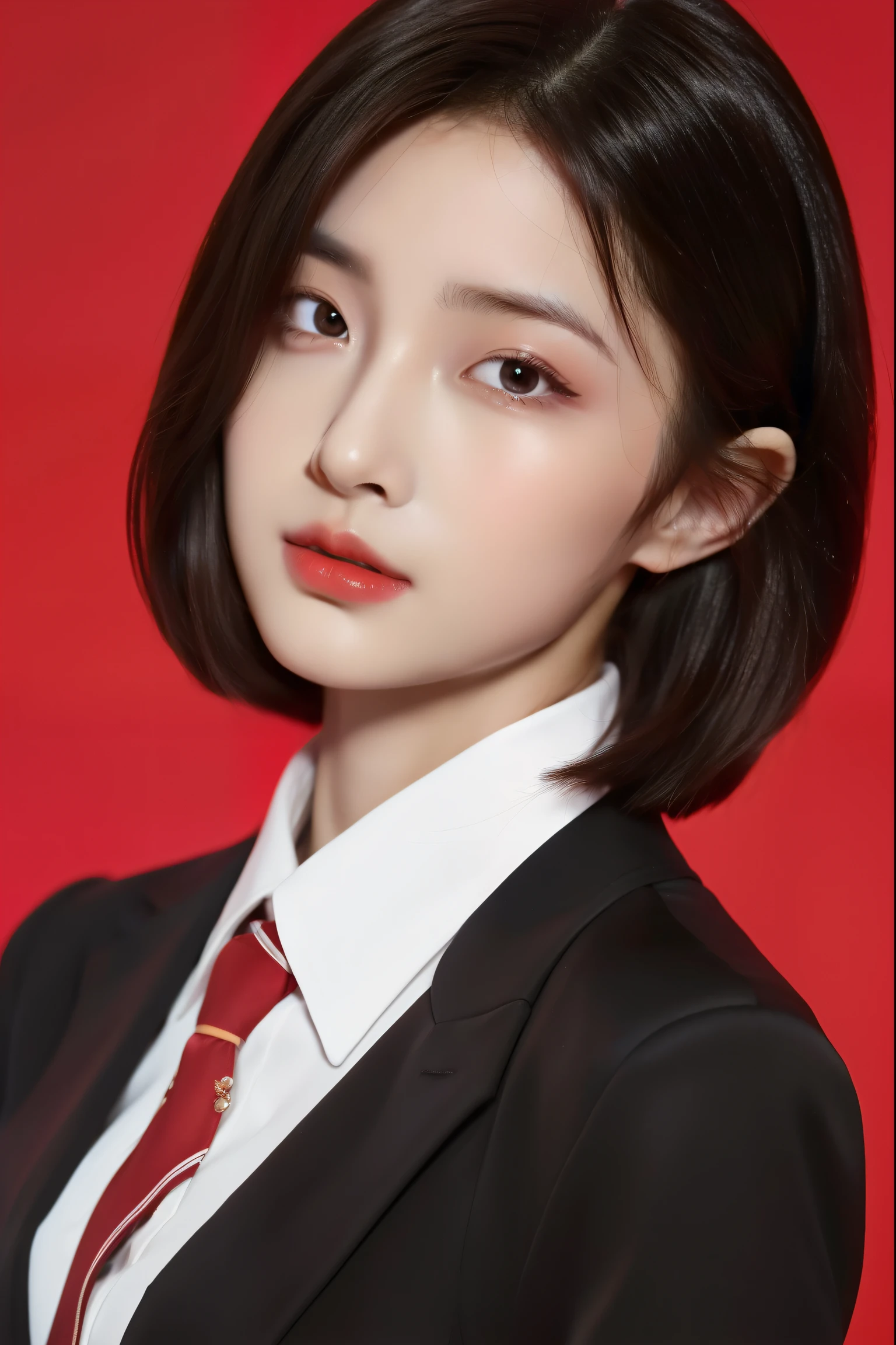Best quality, High details, high resolution, HD, 16k,Close-up photo of shoulder length short brunette girl in suit uniform, ultraclear, Flawless and delicate face, Truly delicate skin, big breasts beautiful, Delicate and clear eyes, Look at the screen, Simple, (simple red background)
