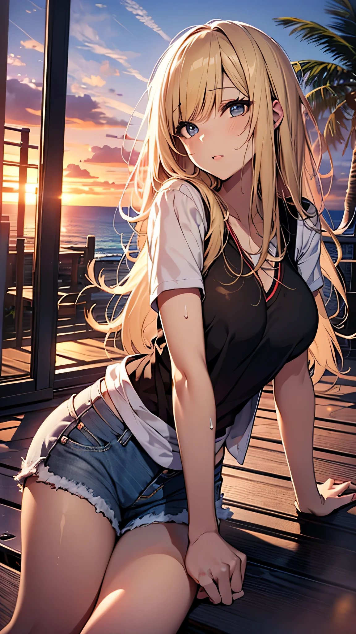 最high quality、best image quality、masterpiece、teenage girl((18-year-old、 By becoming、vest bust、medium bust,wide open breast tea、black eye, blonde hair、Habitual hair、long hair、thin,highest valley、blue shorts、attractive face、heart tattoo、black aloha shirt、physical education sitting、sweating、like、Stay close to your audience、leaning forward、hair blowing in the wind)),high quality、beautiful art、background((Hawaii、Waikiki、Palm tree、beach、sunset))debris flies、Depth of written boundary、movie、visual art、perfect art、8K,genuine
