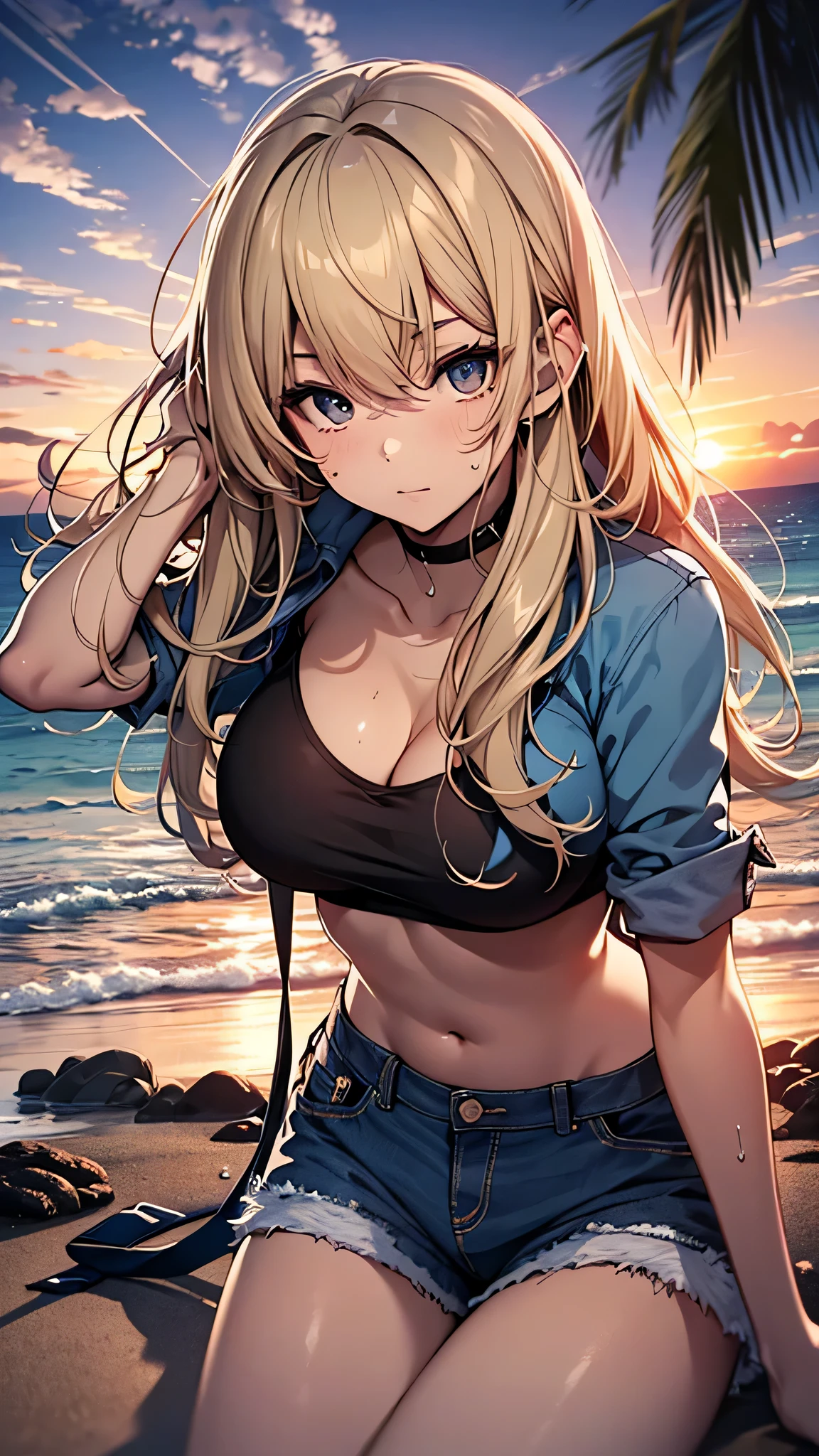 最high quality、best image quality、masterpiece、age girl((18-year-old、 By becoming、vest bust、medium bust,wide open breast tea、black eye, blonde hair、Habitual hair、long hair、thin,highest valley、blue shorts、attractive face、heart tattoo、black aloha shirt、physical education sitting、sweating、like、Stay close to your audience、leaning forward、hair blowing in the wind)),high quality、beautiful art、background((Hawaii、Waikiki、Palm tree、beach、sunset))debris flies、Depth of written boundary、movie、visual art、perfect art、8K,genuine