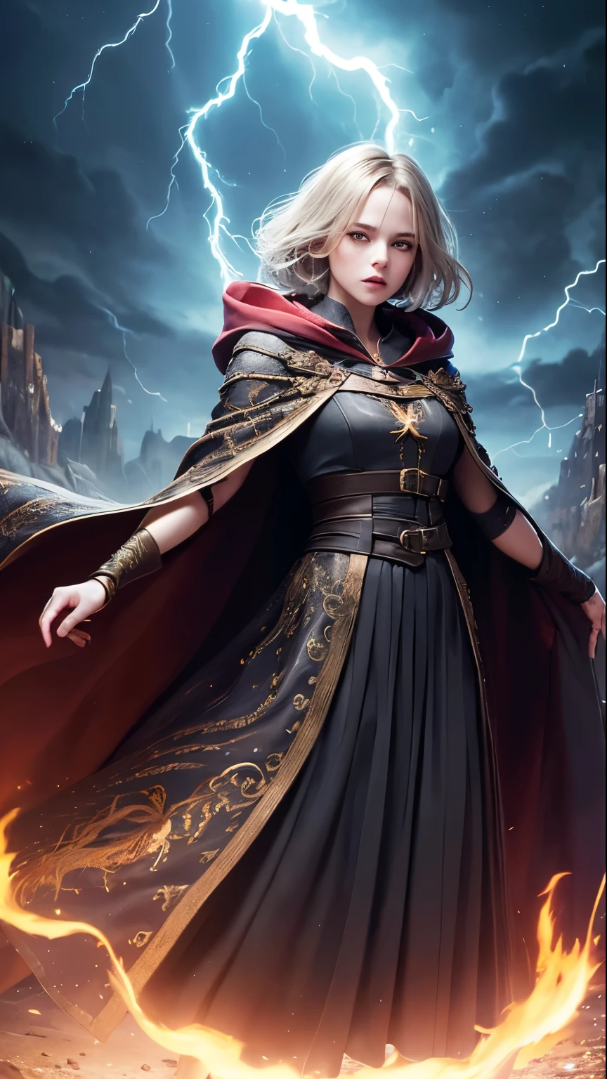 A woman in a black dress and cape standing in front of a lightning ...