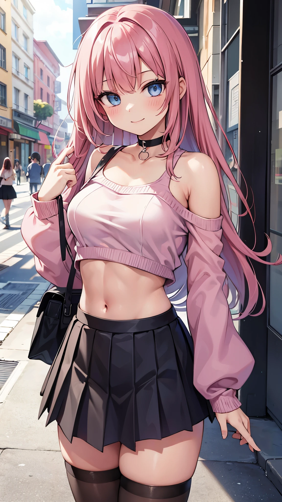 a cartoon girl wearing a pink sweater and a tight skirt is on a downtown street, 1girl, off shoulder, solo, skirt, smile, thighhighs, looking at viewer, choker, long hair, bare shoulders, black skirt, outdoors, collarbone, blue eyes, pleated skirt, bag, ground vehicle, bangs, dark pink hair, black choker,see-through silhouette,fit, ripped, ab lines, abs, navel