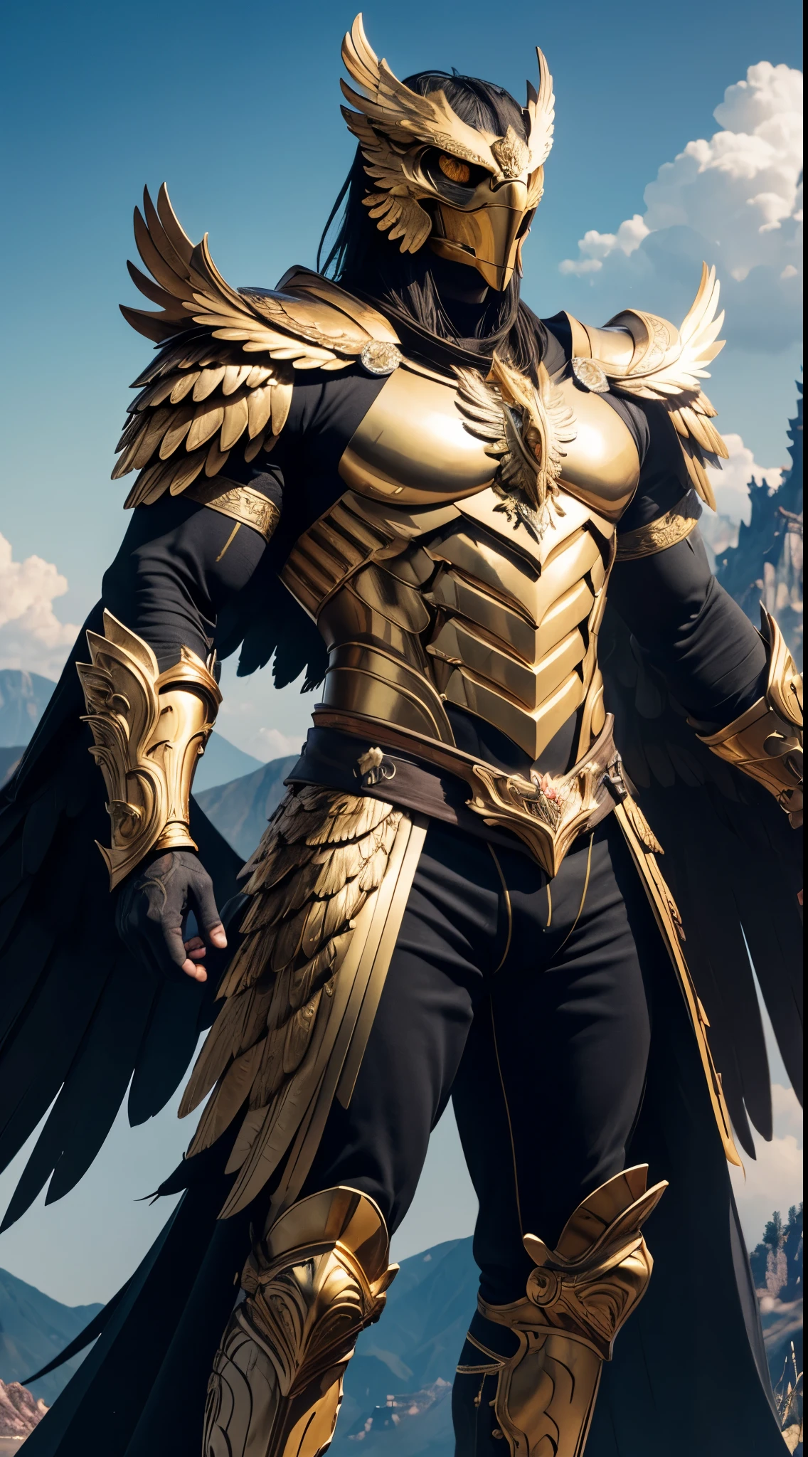 anthropomorphic eagle head, using golden luxury armor, detailed quality, wings with black fire effect, muscle bodies, topless, sweaty, standing in chinese beautiful mountain with skies around. Majestic, ultra hd