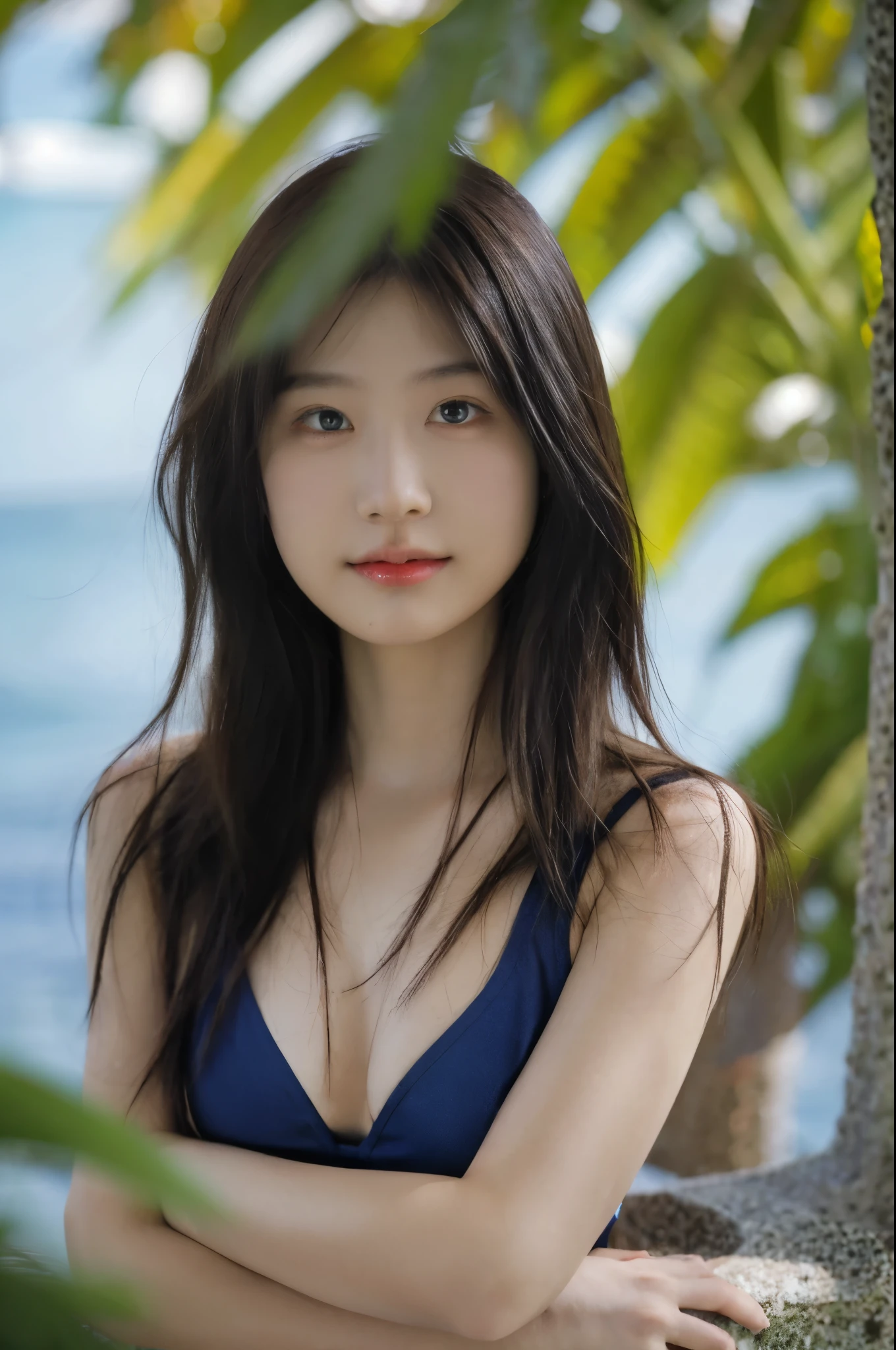 (best quality,4k,highres,masterpiece:1.2),ultra-detailed,realistic:1.37,portrait,beautiful detailed eyes,beautiful detailed lips,long hair,cute,sexy,girl,full body,swimsuit,beach background,vibrant colors,soft lighting,playful expression,wet hair,bronzed skin,gentle waves,lush greenery,sun-kissed,relaxed pose,summer vibes