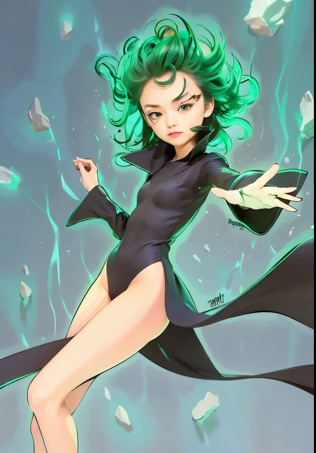 (masterpiece), (high quality: 1.2), real life, real action, 1girl, solo, standing, spread both hands, tatsumaki one punch, green hair, short hair, churly hair, green hair, cute face, girl face, beauty face, full body, perfect body, perfect anatomy, no panty, naked, nude, seen pussy with hairy, black shoes, all in realistic, all in ultra detail, 8k, ultra HD quality, 70mm lens