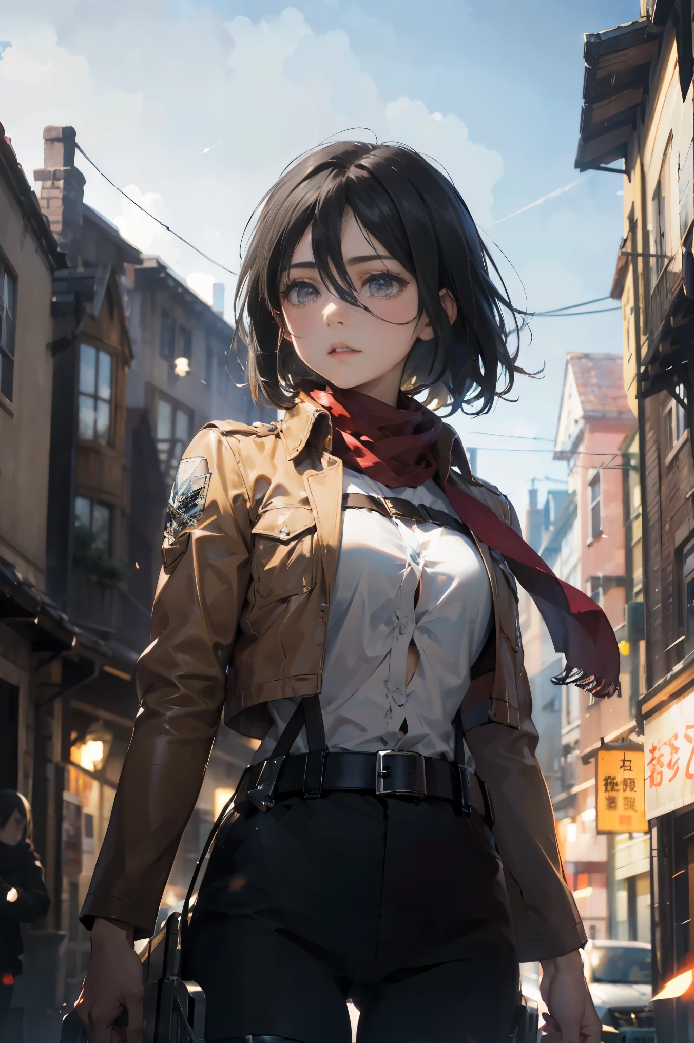 a 20 yo woman、Black-haired head hair、Bery short hair、dark themed、Muted Tones、Subdued Color、highly contrast、(natural skin textures、Hyper-Realism、Soft light、sharp)、aot style、Attack on Titan、Mikasa Ackerman、1人、Three-dimensional maneuver gear、arm strap、bangss、A dark-haired、Black pants、breastsout、cowboy shot、embers、verd s eyes、greybackground、Background of burnt fields、hairs between eyes、Harnes、long-sleeve、looking at viewert、middlebreasts、Underpants、red scarf、scarf、The shirt、short-hair、fumo、独奏、Thigh strap、Brown jacket、white shirt、survey team\(emblem\)、((masterpiece))、top-quality、battle posture, 天空,