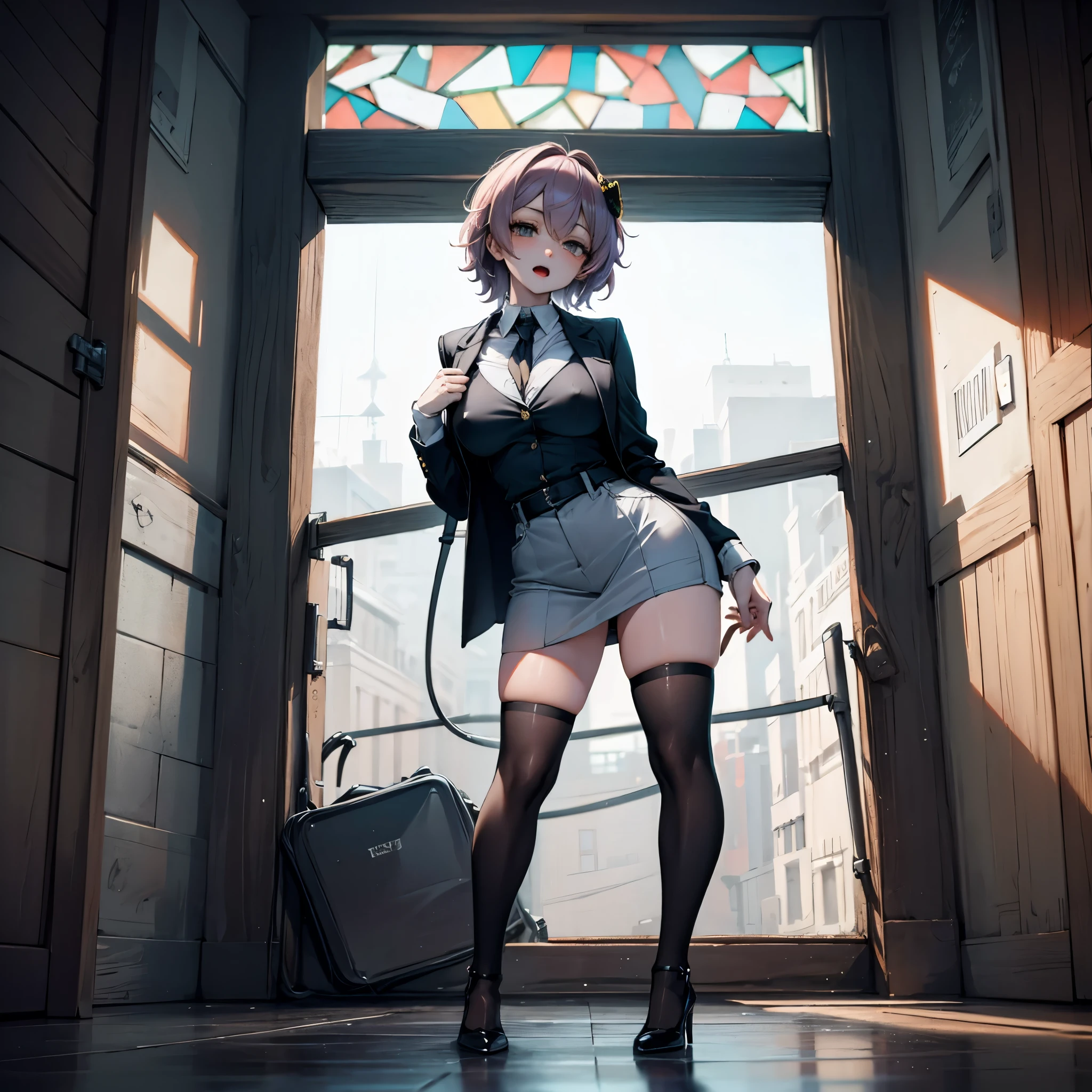 (Satori toho character:1.1), (solo), (standing), (stained glass), BREAK, short hair, large perky breasts, (inconceivably short torso), (inconceivably thin waist:1.2), (very long legs), BREAK, (black blazer:1.3), (black thighhighs:1.35), (very short black high-waist skirt:1.35) cinches waist too tight, (highheels), BREAK, nose blush, sad smile, open mouth, BREAK, masterpiece, ultra-detailed, ultra high resolution, full body