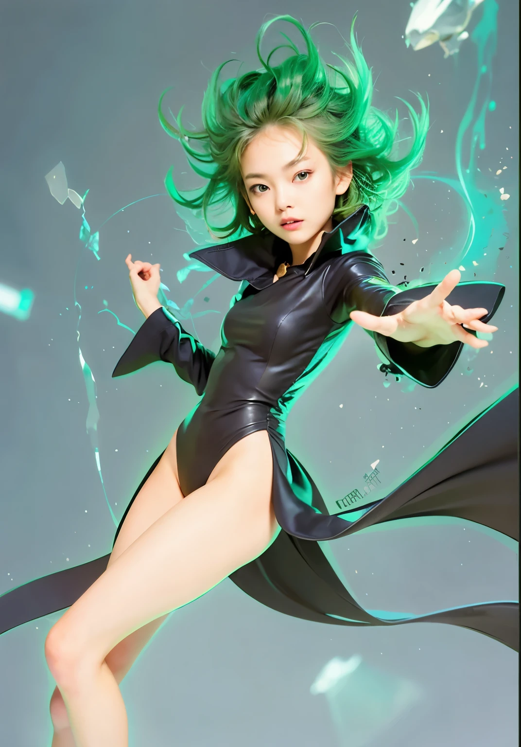(masterpiece), (high quality: 1.2), real life, real action, 1girl, solo, standing, spread both hands, tatsumaki one punch, green hair, short hair, churly hair, green hair, cute face, girl face, beauty face, full body, perfect body, perfect anatomy, no panty, naked, nude, seen pussy with hairy, black shoes, all in realistic, all in ultra detail, 8k, ultra HD quality, 70mm lens