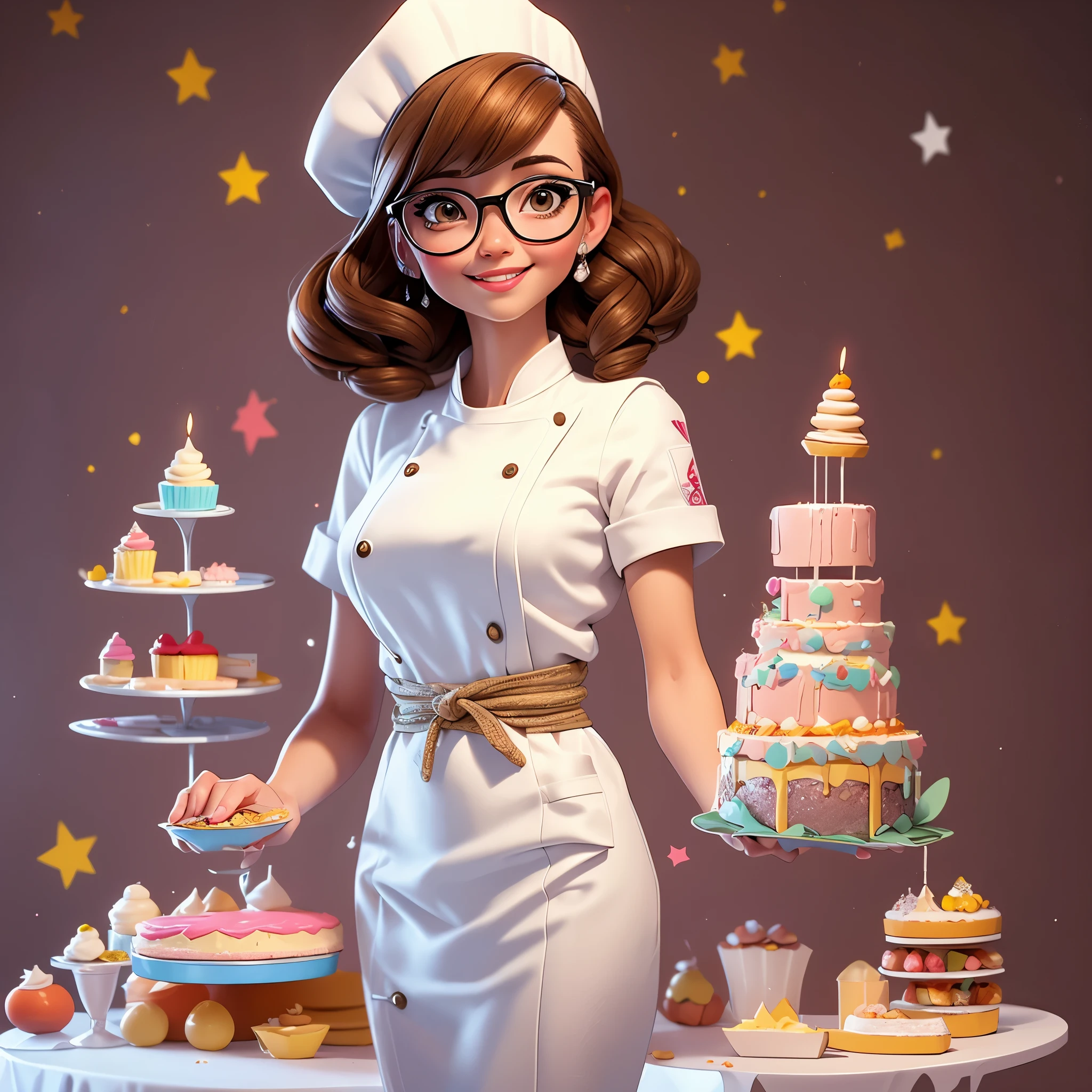 A pretty female chef with short light brown hair in a bob, wearing glasses, five inches tall, medium build, with a slight smile on her lips, hands on hips, wearing white chef outfit, exuding confidence in her gaze. surrounded by a variety of cakes that are much taller than she is, in different sizes and styles, wedding cakes, cup cakes, birthday cakes and more, in a cinematic poster style, 32k, best quality, masterpiece, super detail, high details