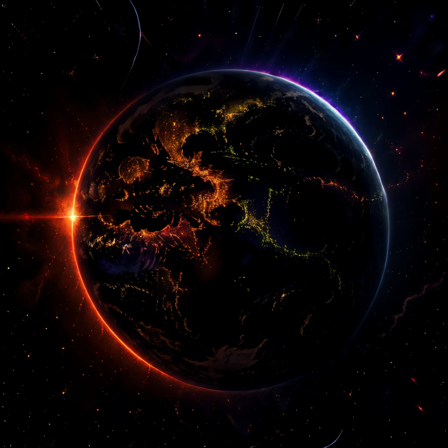 planet, earth, glare of light, dark side, city lights, dark sky, sharp colors, extremely detailed 8k wallpaper