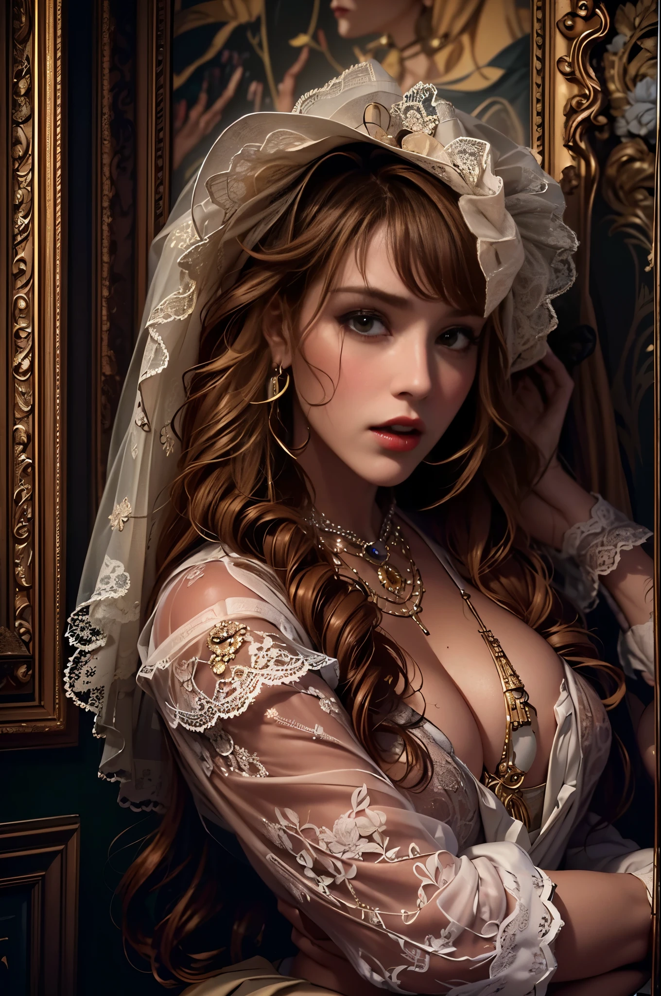 (blonde:0.9,redhead:0.9,brunette:0.9)woman long curly hair, (vivid colors)richly dressed, (detailed facial features)beautiful detailed eyes, (sexy lips)red lips, (antique)Victorian era attire, (dark atmosphere)dimly lit room, (smoky)burning candles, (mystery)veiled woman, (delicate)lace gloves, (ornate)golden jewelry, (historical)old-fashioned interior, (elegance)ornate mirror, (secrecy)mysterious expression, (contrast)light and shadow, (drama)intrigue, (sultry)alluring pose, (vintage)richly decorated room, (seductive)provocative clothing, (attention to detail)intricate patterns, (historical accuracy)period accurate props, (dramatic lighting)play of light and shadow, (nostalgic)soft color palette, (impeccable)fine fabrics, (fine craftsmanship)exquisite detailing, (sexual appeal)captivating gaze, (unique experience)unconventional beauty