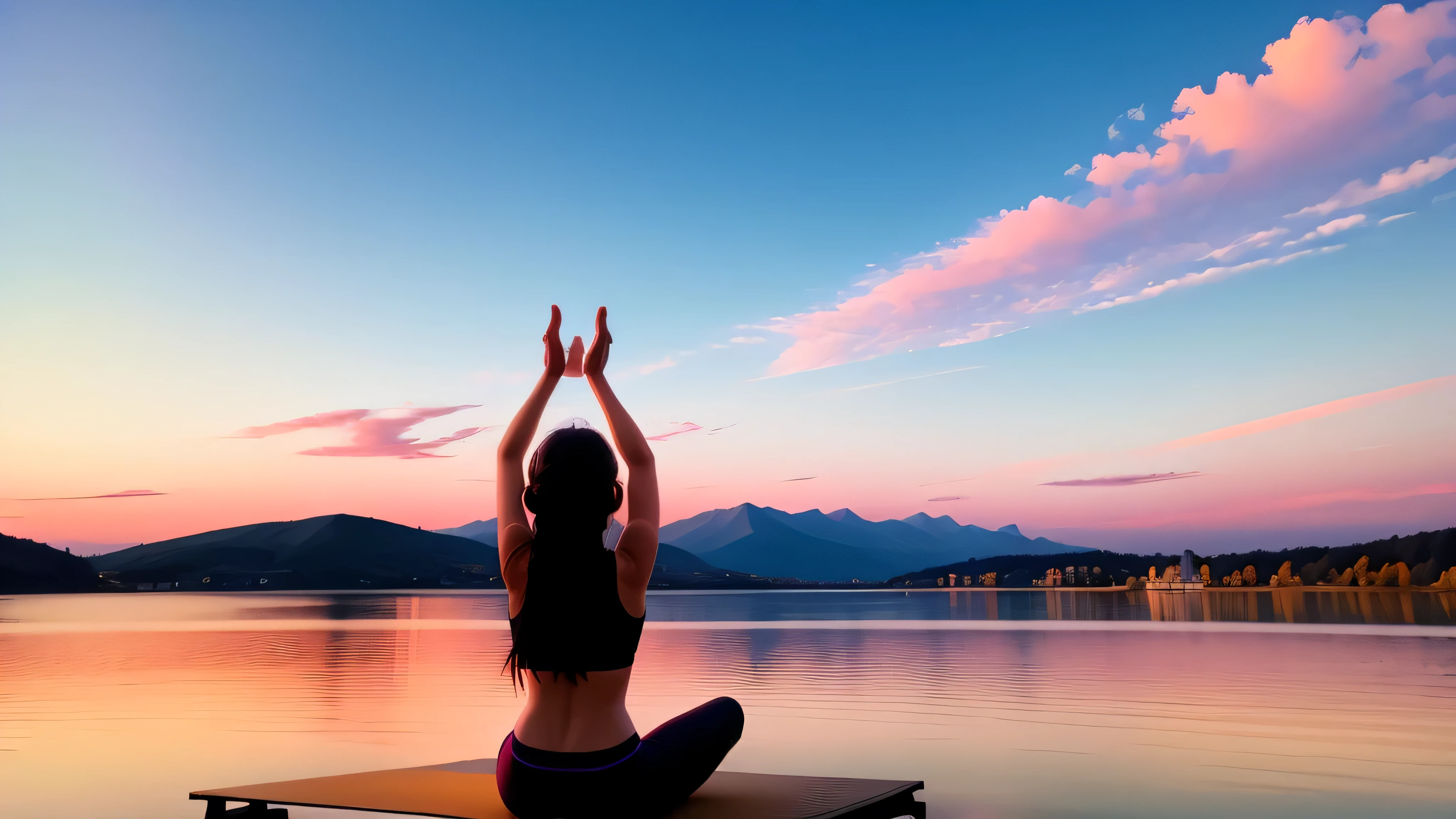 girl doing yoga, birds are flying, A very beautiful and colorful sky, a peaceful lakeside, Draw the girl smaller and the landscape larger