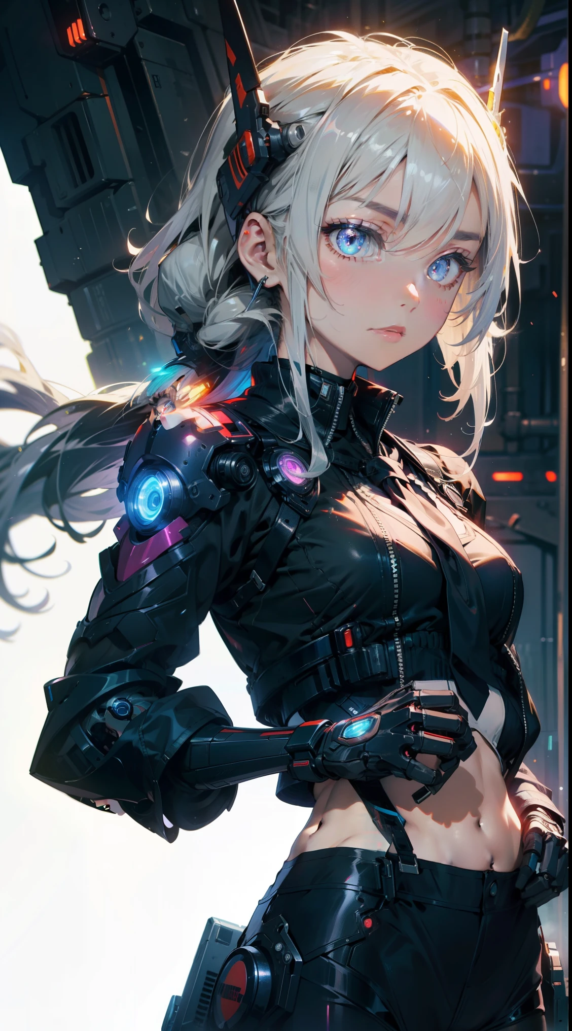 (flat color),(colorful),(masterpiece:1.2), best quality, masterpiece, looking at viewer, white background,
1girl, white hair, slightly curly hair, expressionless, ponytail, side braid,
mecha bodysuit, mecha museum, mechanical parts,robot joints, headgear, cyberpunk, neon_trim, glowing neon lights, blue, purple,
open jacket,black sheer pantyhose, visible through (sheer crop top), shirt,
garter,necktie, navel, gloves,Hand katana,
techwear jacket, with buckle and tape, black gloves, tactical vest,cyberhelmet,cyborg,(helmet)
