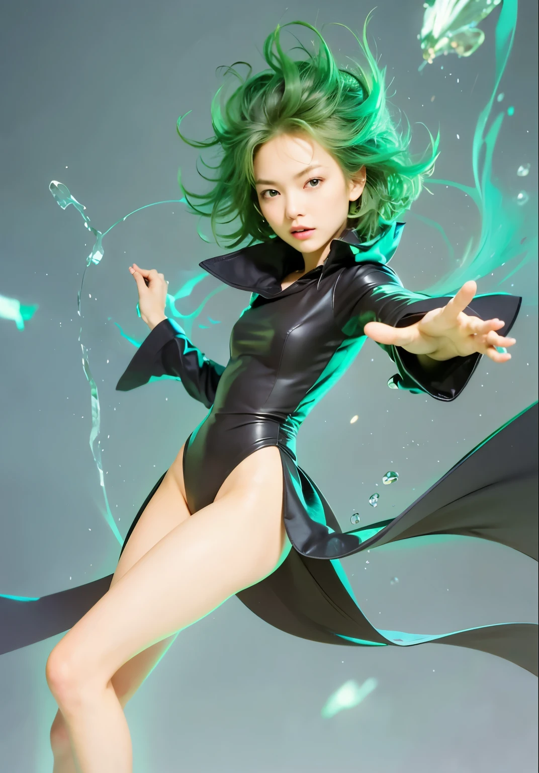 (masterpiece), (high quality: 1.2), real life, real action, 1girl, solo, standing, spread both hands, tatsumaki one punch, green hair, short hair, churly hair, green hair, cute face, girl face, beauty face, full body, perfect body, perfect anatomy, no panty, naked, nude, seen pussy with hairy, black shoes, all in realistic, all in ultra detail, 8k, ultra HD quality, 70mm lens