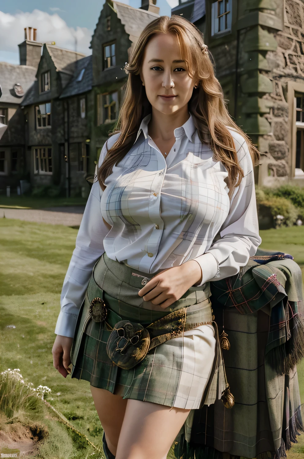 ((Jennifer Ehle)), dark blonde hair, large breasts, slim but curvy, ((wearing a heather plaid kilt, Scottish national dress)), posing in front of a Scottish highland castle, natural smile, full body shot, natural light, 8K, ultra high def