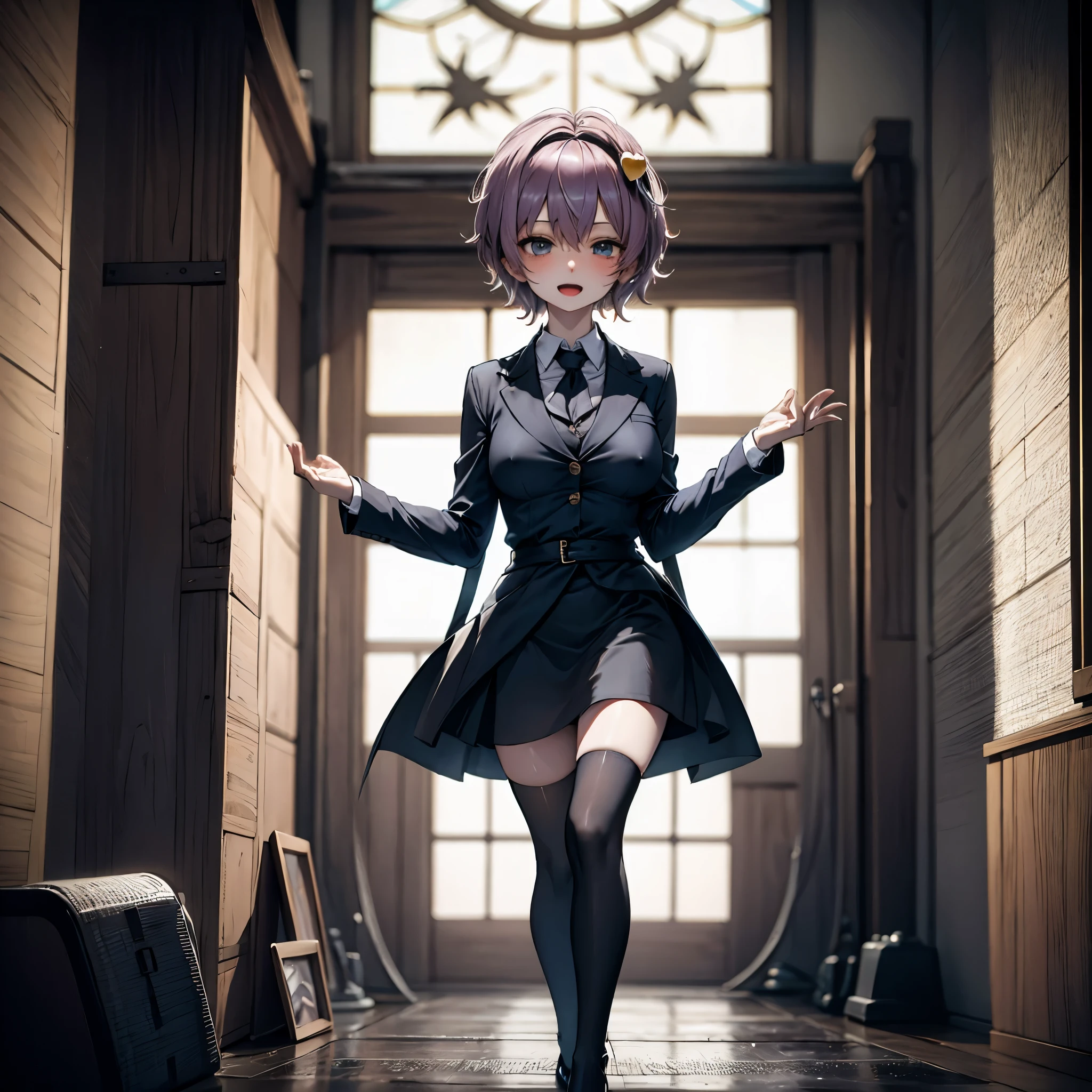 (Satori toho character:1.1), (solo), (standing), (stained glass), BREAK, short hair, large perky breasts, (inconceivably short torso), (inconceivably thin waist:1.2), (very long legs), BREAK, (black blazer:1.3), (black thighhighs:1.35), (very short black high-waist skirt:1.35) cinches waist too tight, (highheels), BREAK, nose blush, sad smile, open mouth, BREAK, masterpiece, ultra-detailed, ultra high resolution, full body