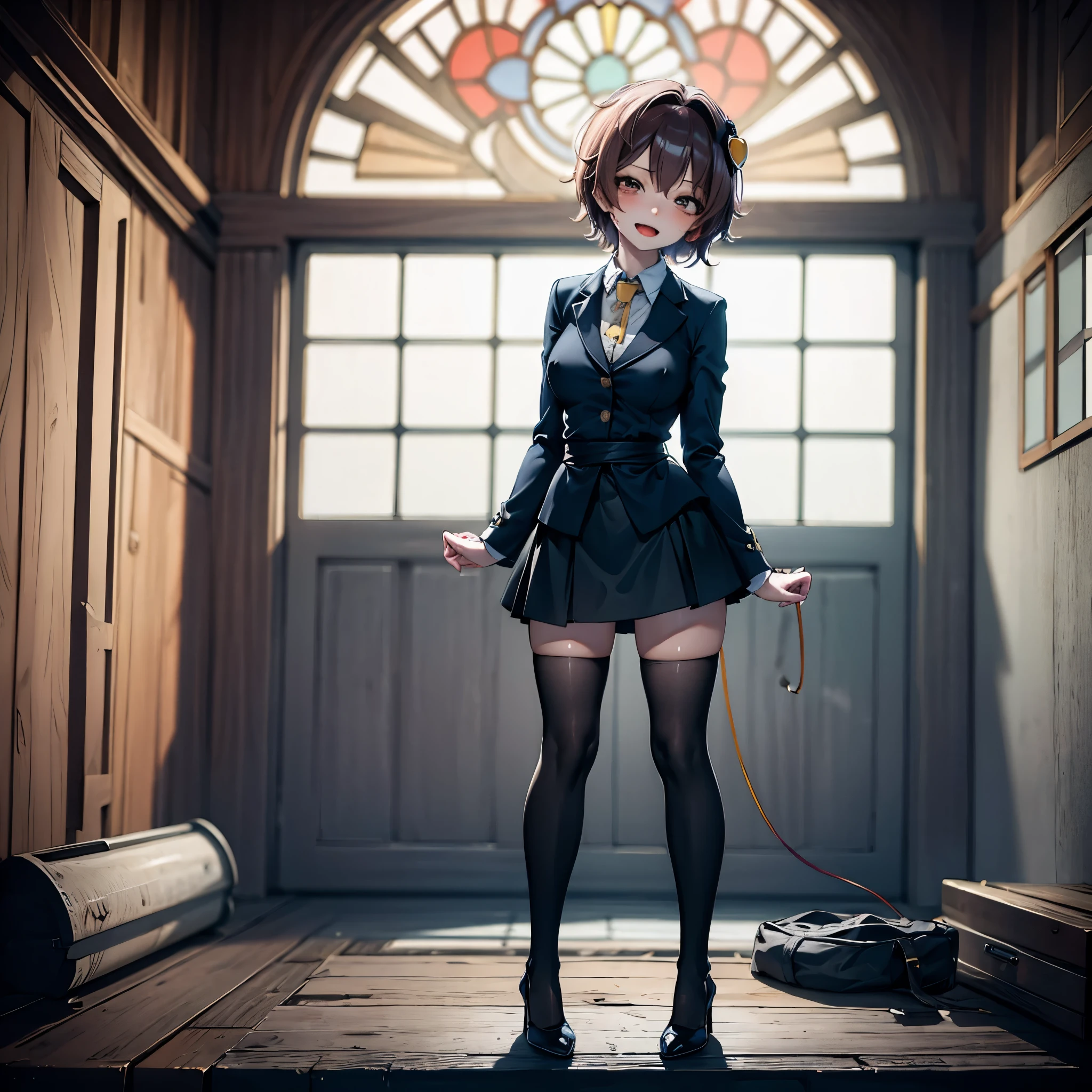 (Satori toho character:1.1), (solo), (standing), (stained glass), BREAK, short hair, large perky breasts, (inconceivably short torso), (inconceivably thin waist:1.2), (very long legs), BREAK, (black blazer:1.3), (black thighhighs:1.35), (very short black high-waist skirt:1.35) cinches waist too tight, (highheels), BREAK, nose blush, sad smile, open mouth, BREAK, masterpiece, ultra-detailed, ultra high resolution, full body