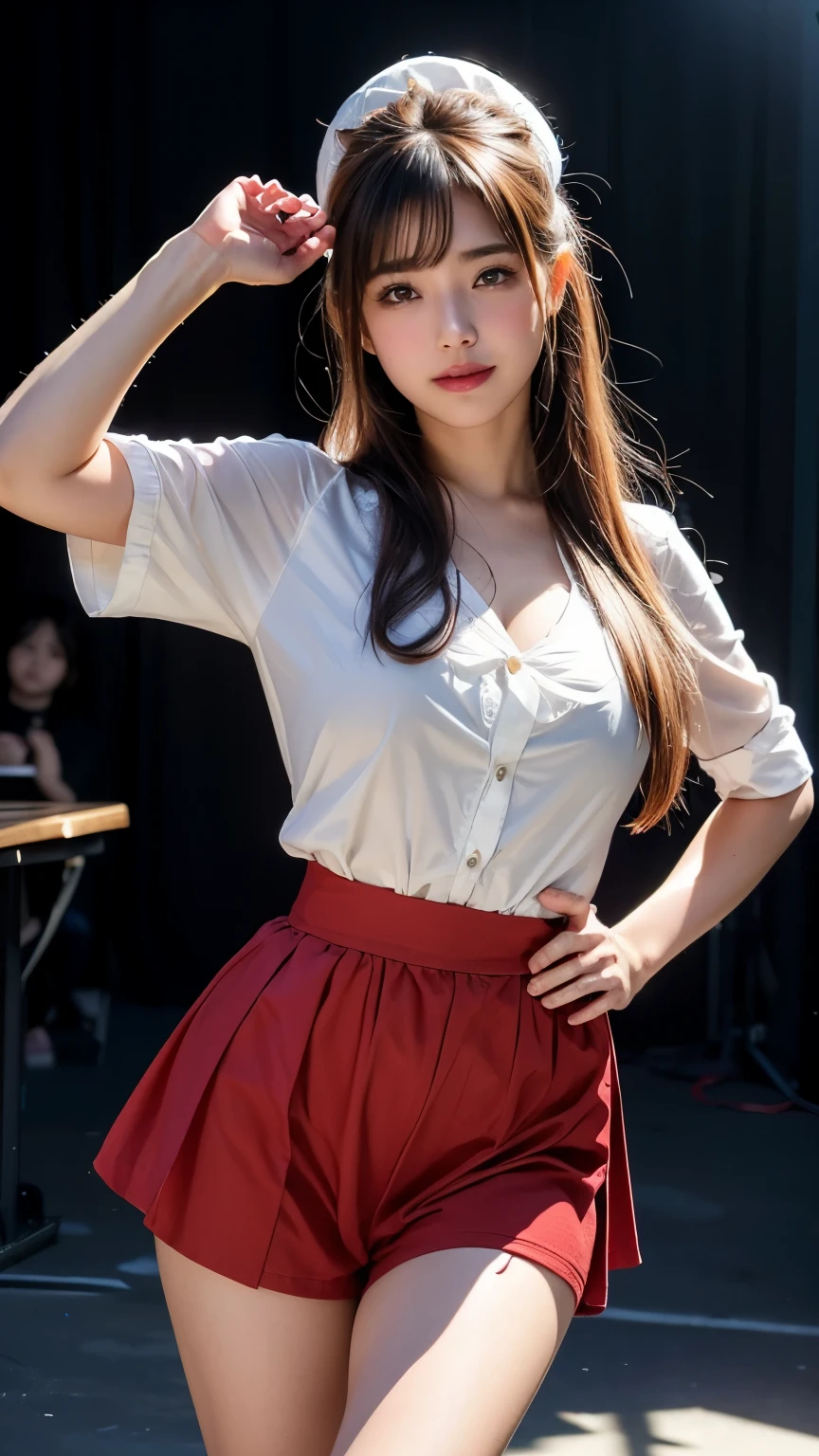 (RAW photo, highest quality), (realistic, Photoreal:1.3),highest quality,very detailed,table top,Super detailed,shape,1 girl,upper_body,dynamic angle,world masterpiece theater,Messy_length_hair,highest quality,very detailed CG Unity 8K 壁紙,pitch black,wonderful,cinematic lighting,lens_flare,very detailed、((Euphoric look))、((orgasm:1.2))、((smile:1.15))、((sweating:1.4))、((translucent:1.55、肌に吸い付く襟付きでbodyのシルエットを美しく見せるセーラー服型ボディスーツ.:1.6))、Pink and red、ribbon、Sailor Hut、double ruffle garter、super cute girl、、Part of an idol group、(((at the concert「ザ☆ピ〜s!」dancing)))、(spread your legs wide), (Pull your hips back), (Arch the upper body), and place your left hand on your hip.、Right hand salutes with two fingers、hairが動いている、spotlight of、professional lighting、cinematic light、Three-dimensional、viewer&#39;perspective、視聴者のperspective、
