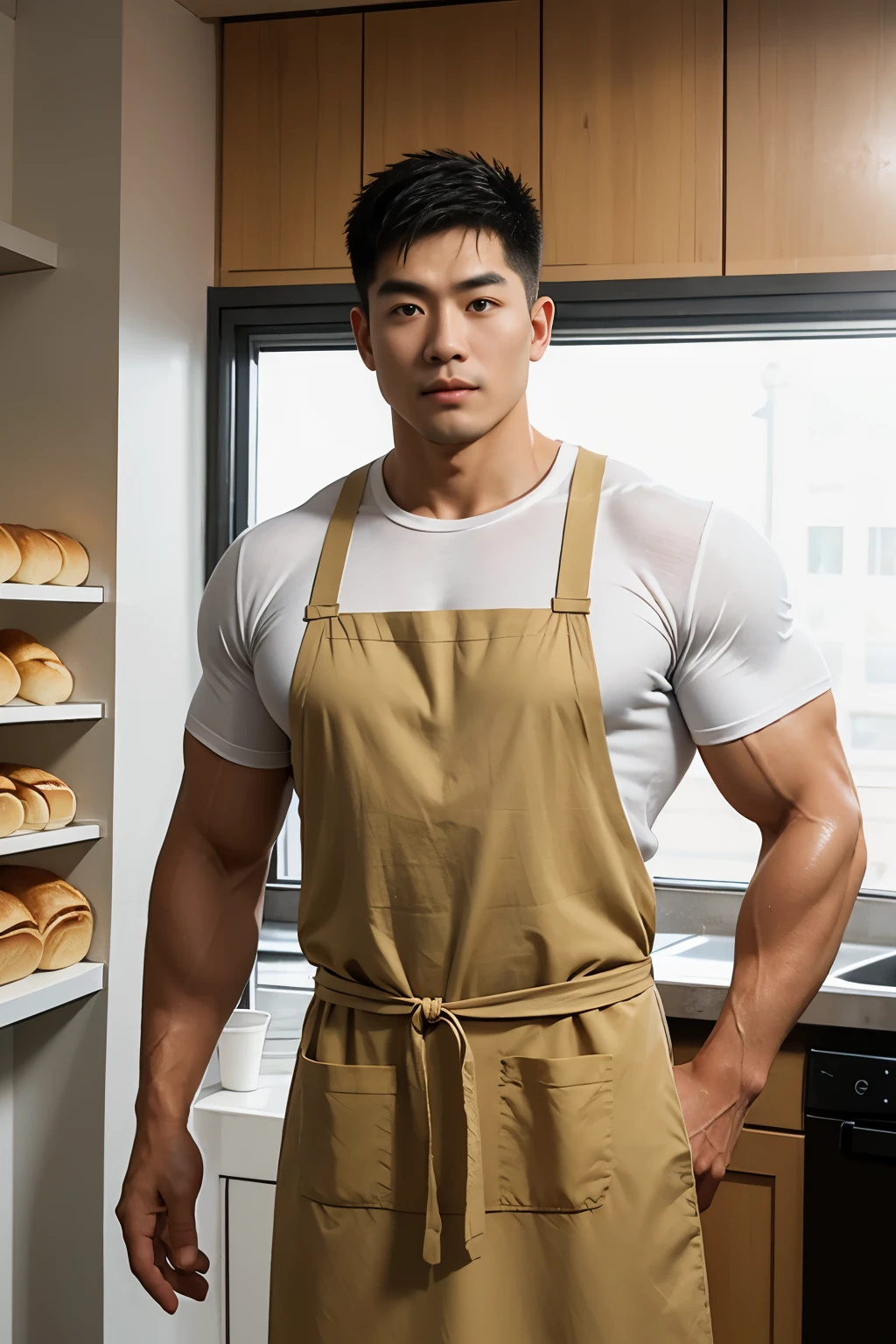 30 years old, big eyes, Chinese male, stubble, white inch, huge muscles, exaggerated muscles, mature man, muscle swelling, bodybuilding, pectoral muscles, abs, in a bakery, plenty of bread, short sleeves, wearing naked apron, baker, natural light, wet, wheat-colored skin, 1man, standing