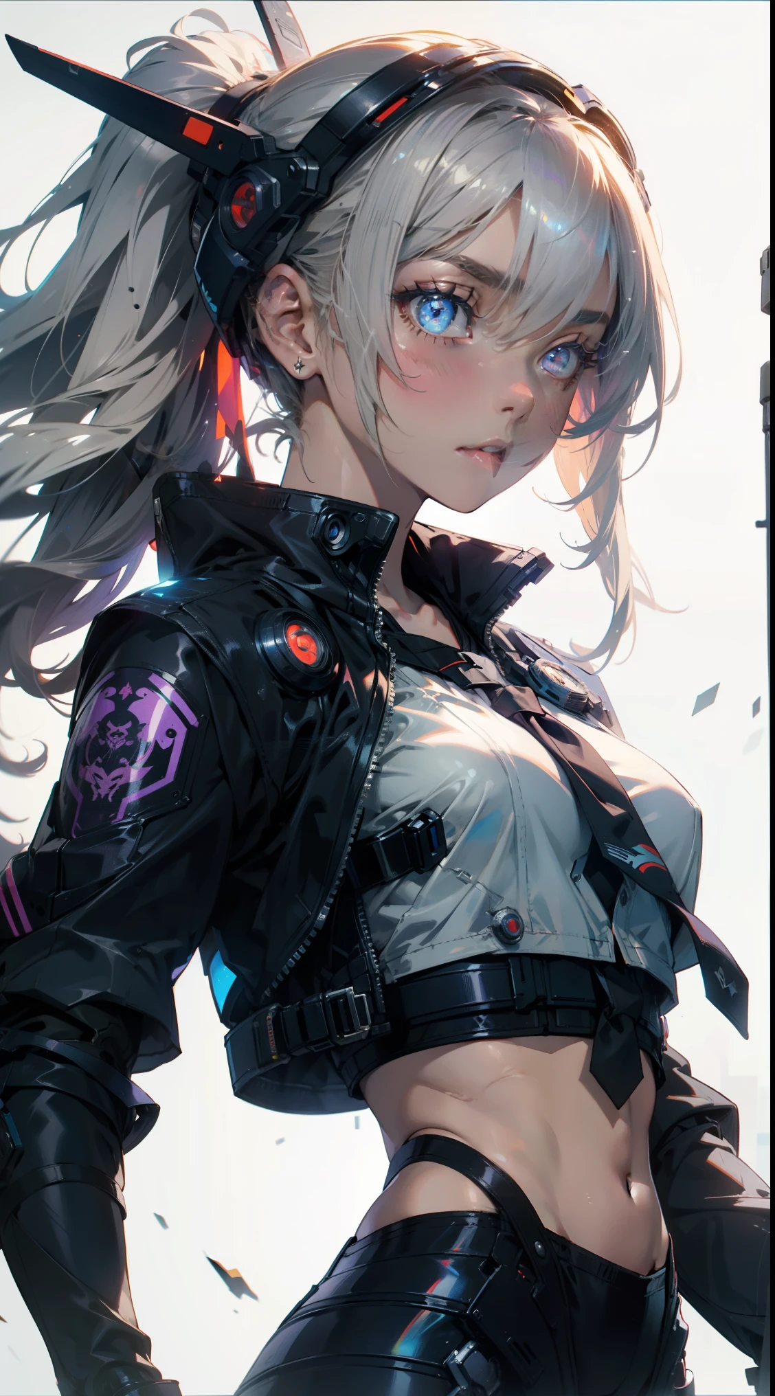 (flat color),(colorful),(masterpiece:1.2), best quality, masterpiece, looking at viewer, white background,
1girl, white hair, slightly curly hair, expressionless, ponytail, side braid,
mecha bodysuit, mecha museum, mechanical parts,robot joints, headgear, cyberpunk, neon_trim, glowing neon lights, blue, purple,
open jacket,black sheer pantyhose, visible through (sheer crop top), shirt,
garter,necktie, navel, gloves,Hand katana,
techwear jacket, with buckle and tape, black gloves, tactical vest,cyberhelmet,cyborg,(helmet)